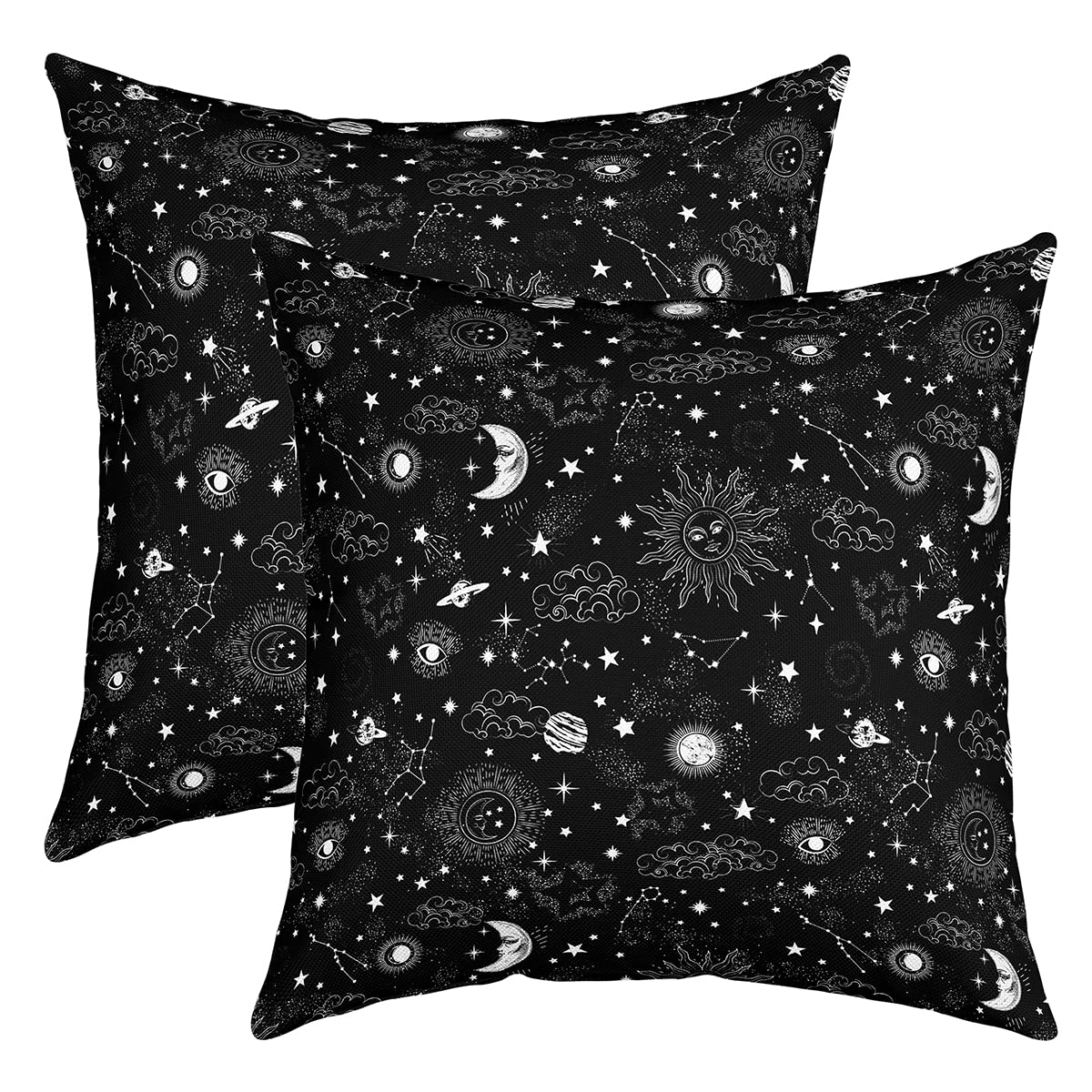 Richhome Multi 16 Sun And Moon Pillow Cover 16X16 Inch,Boho Hippie Galaxy Cushion Case For Bedroom Car Starry Universe Black White Square Pillow Case For Sofa Couch Double Sides Print Set Of 2