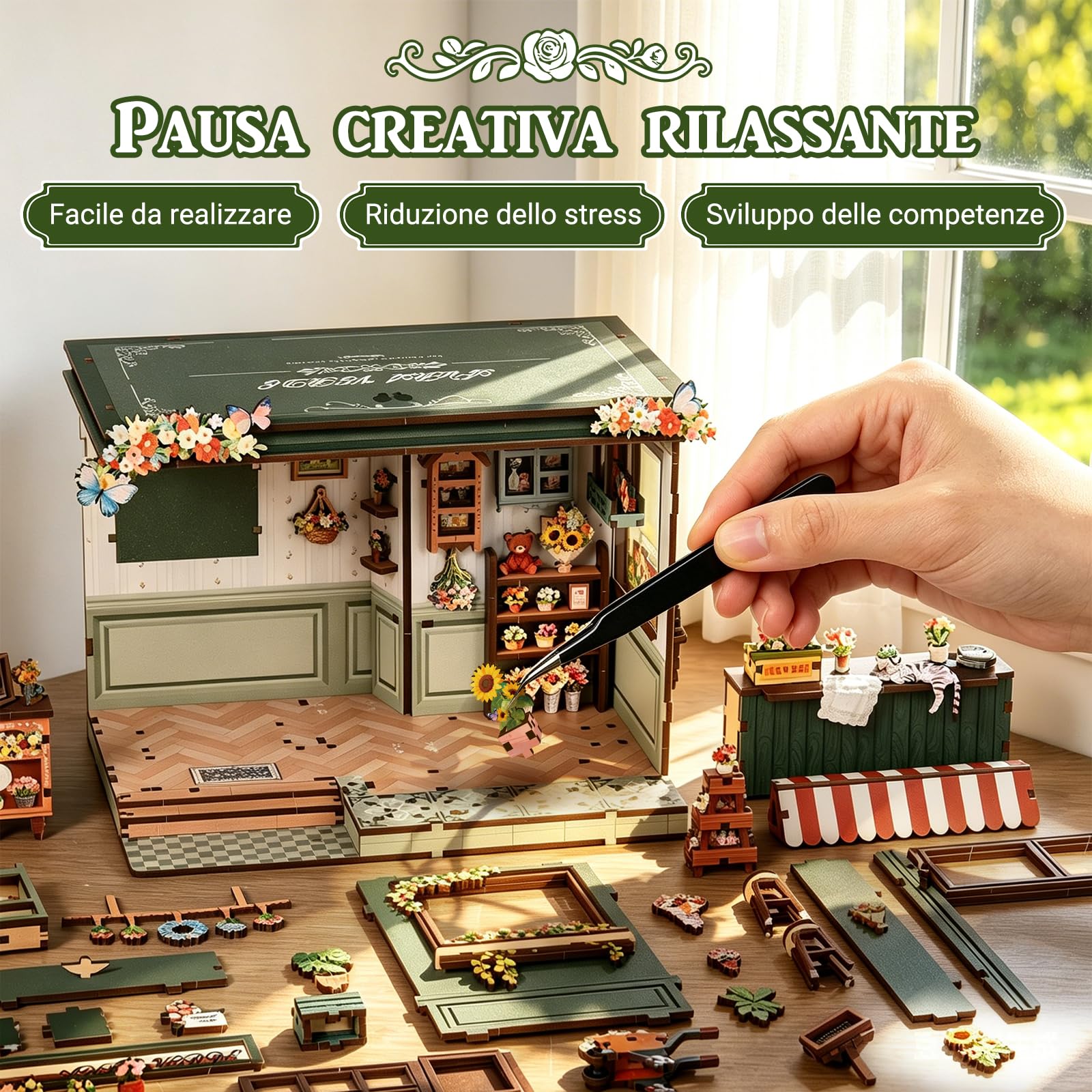 Kit Book Nook, kit fai da te in miniatura, negozio di fiori Aura Verde, kit creativo Book Nook, puzzle in legno 3D, fermalibri con luce LED, decorazione romantica e regalo