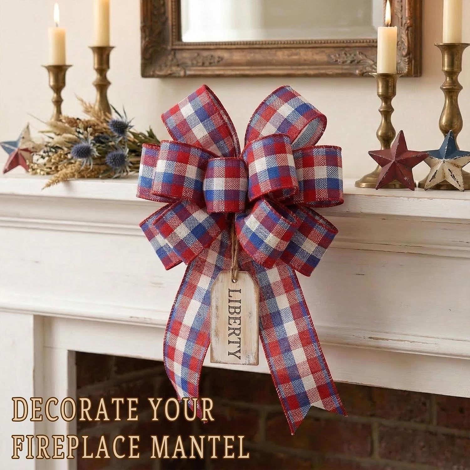 Holiday Bow Ribbons for Holiday Birthday Accessory Decor, 4th of July Ribbons for Bow Making, Blue Red Buffalo Plaid Wired Edge Ribbon Bows