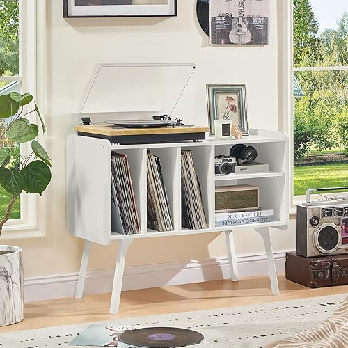 Miniatura 9 de Lerliuo Soporte para tocadiscos con 4 gabinetes con capacidad para hasta 220 álbumes, soporte giratorio grande con patas de madera de haya, mesa de
