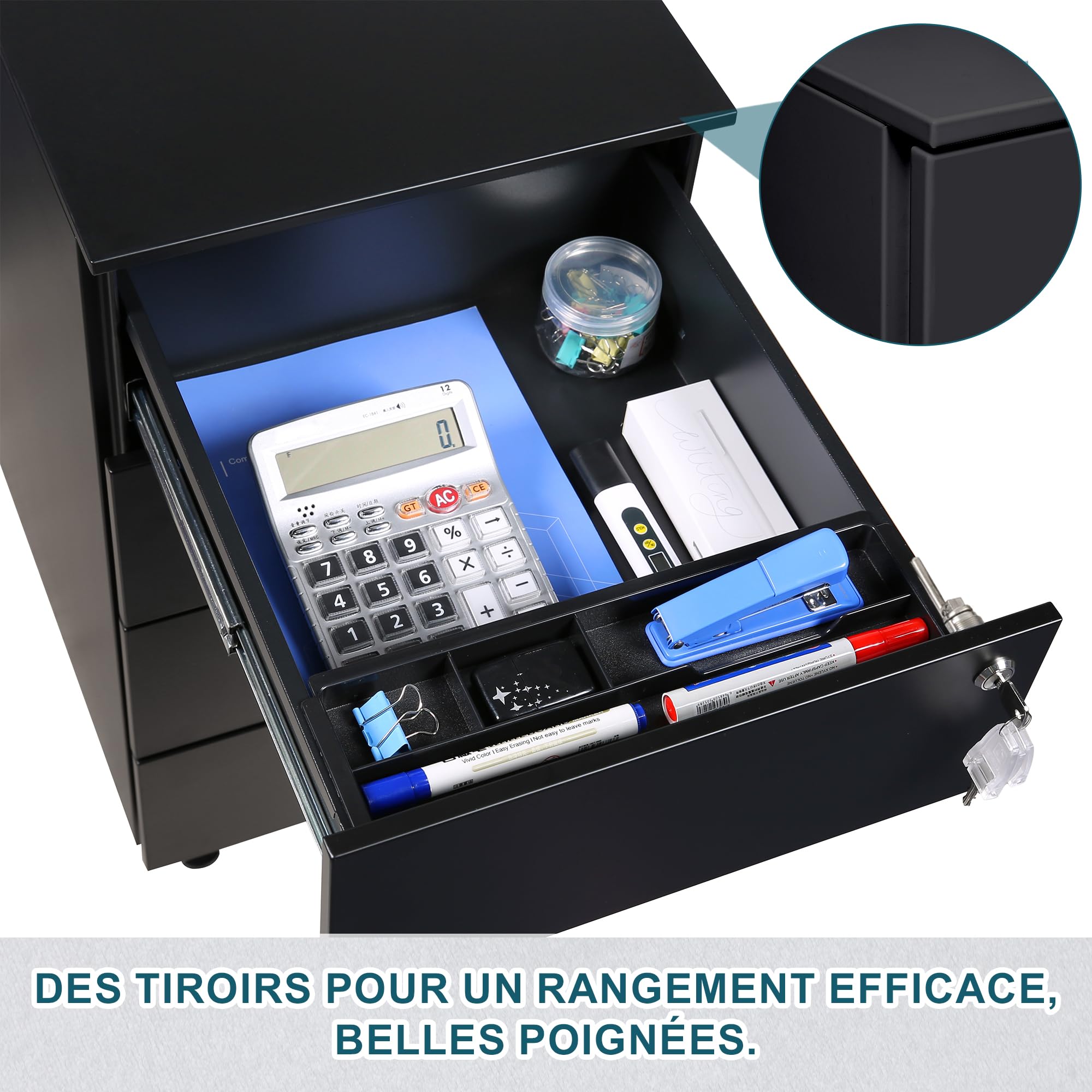 Caisson Bureau avec 4 Clés, Caisson de Rangement Mobile, Meuble Tiroir Bureau, Verrouillable, 4 Tiroirs, Travail, Bureau à Domicile