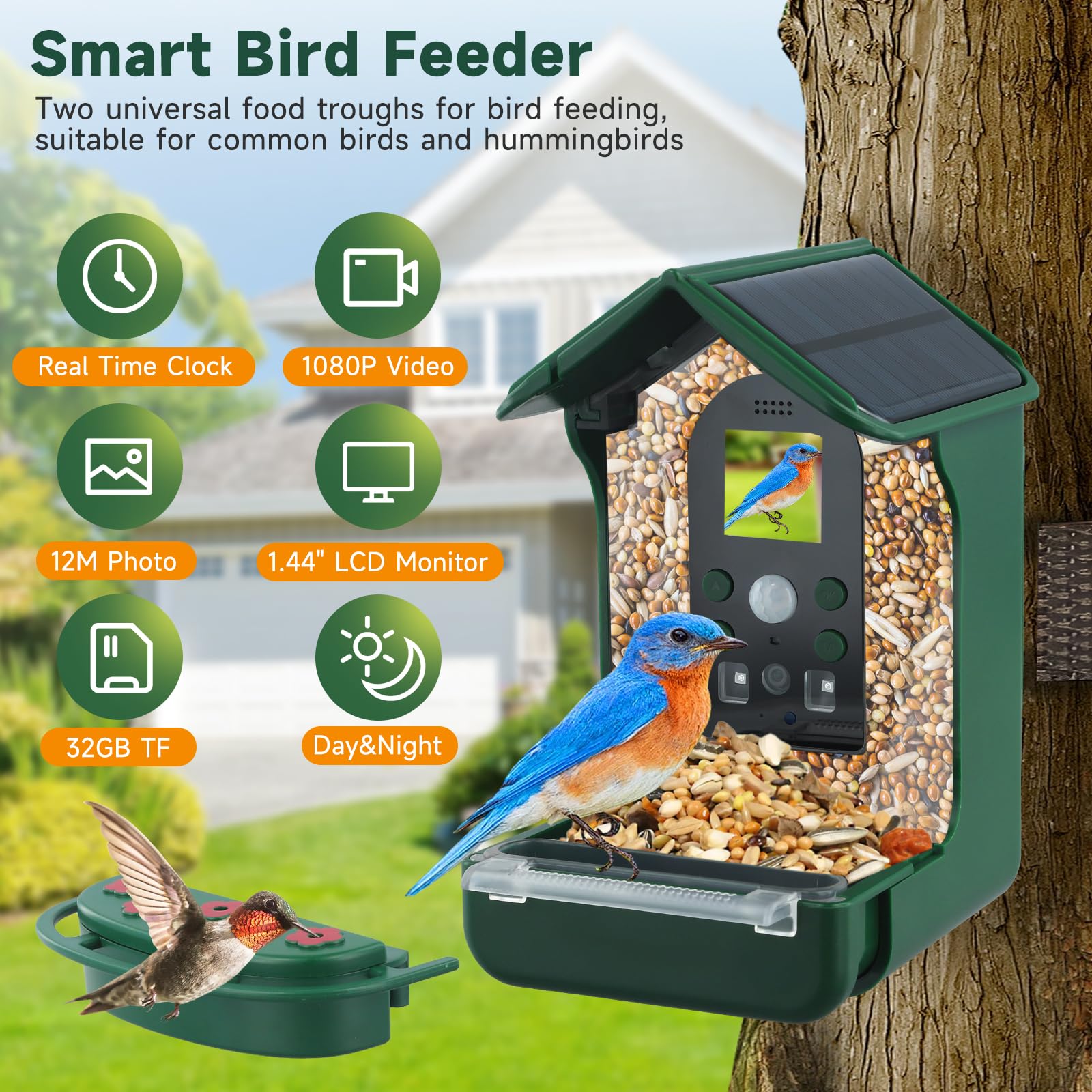 Mangeoire Oiseaux Camera, HD 1080P Intelligente Camera Nichoir avec Caméra et 5W Panneau Solaire, Nichoir Oiseaux Exterieur Caméra IP65 Etanche, Capture Automatique des Images, 32G Carte