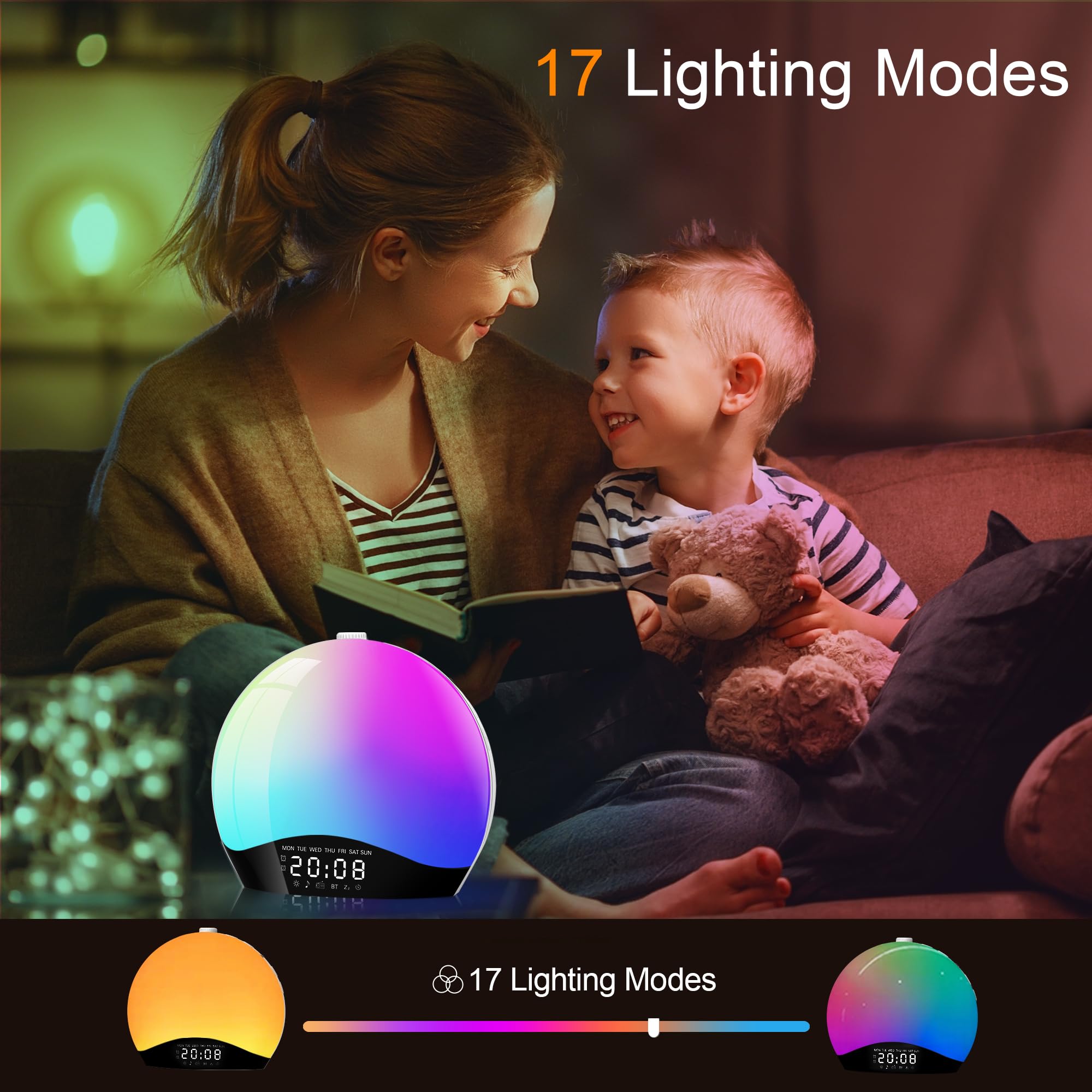 Réveil Lumineux avec Enceinte Bluetooth, Simulateur d'Aube, Radio Réveil Numérique, Lampe de Chevet Multicolore, Snooze, 22 Sons de Sommeil, Minuterie, 20 Luminosités