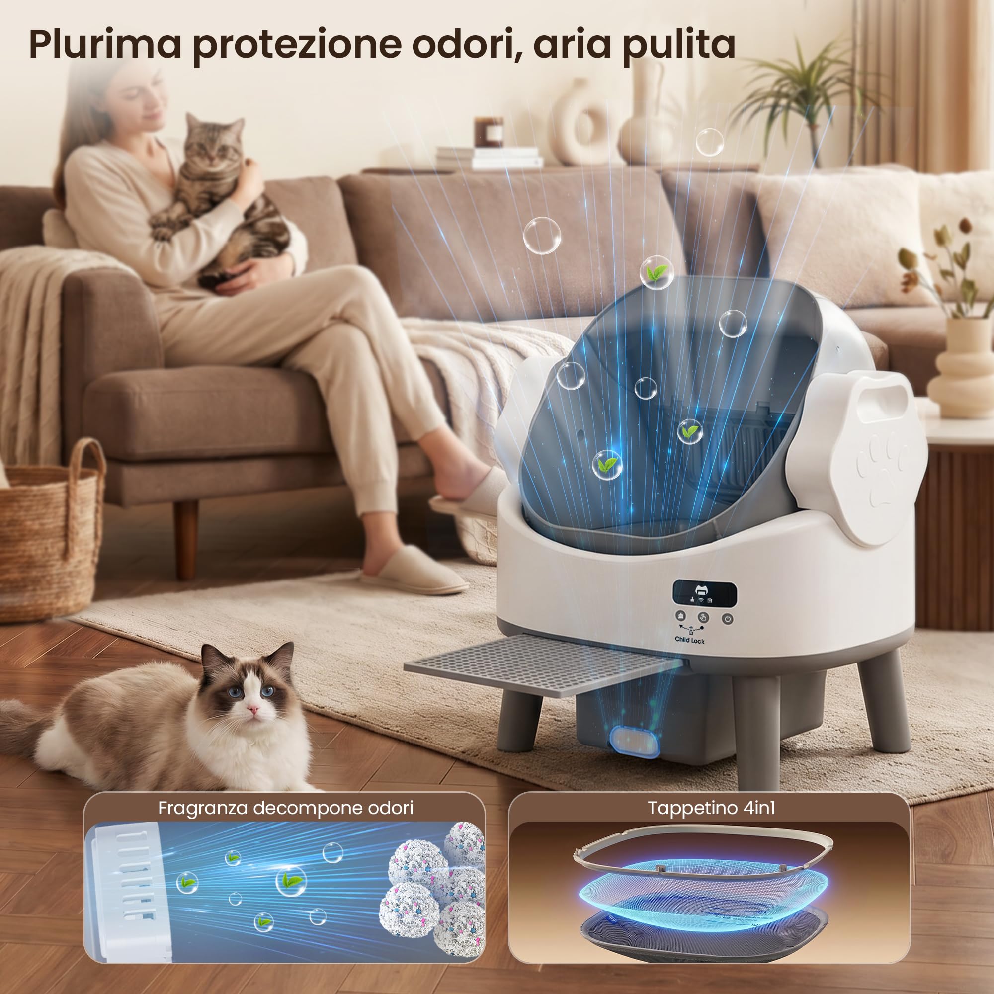 JUMMICO Lettiera Gatto Autopulente, Lettiera Automatica per Gatti Grandi Fino a 10 kg, Lettiera Elettrica con Protezione e Deodorante, Ideale per Famiglie con Più Gatti