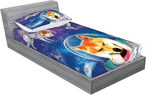 Miniatura 2 de Ambesonne Juego de sábanas bajeras y fundas de almohada para perro, Astronaut Shibas in Space with an Alien Planet Exploring The Unknown Theme