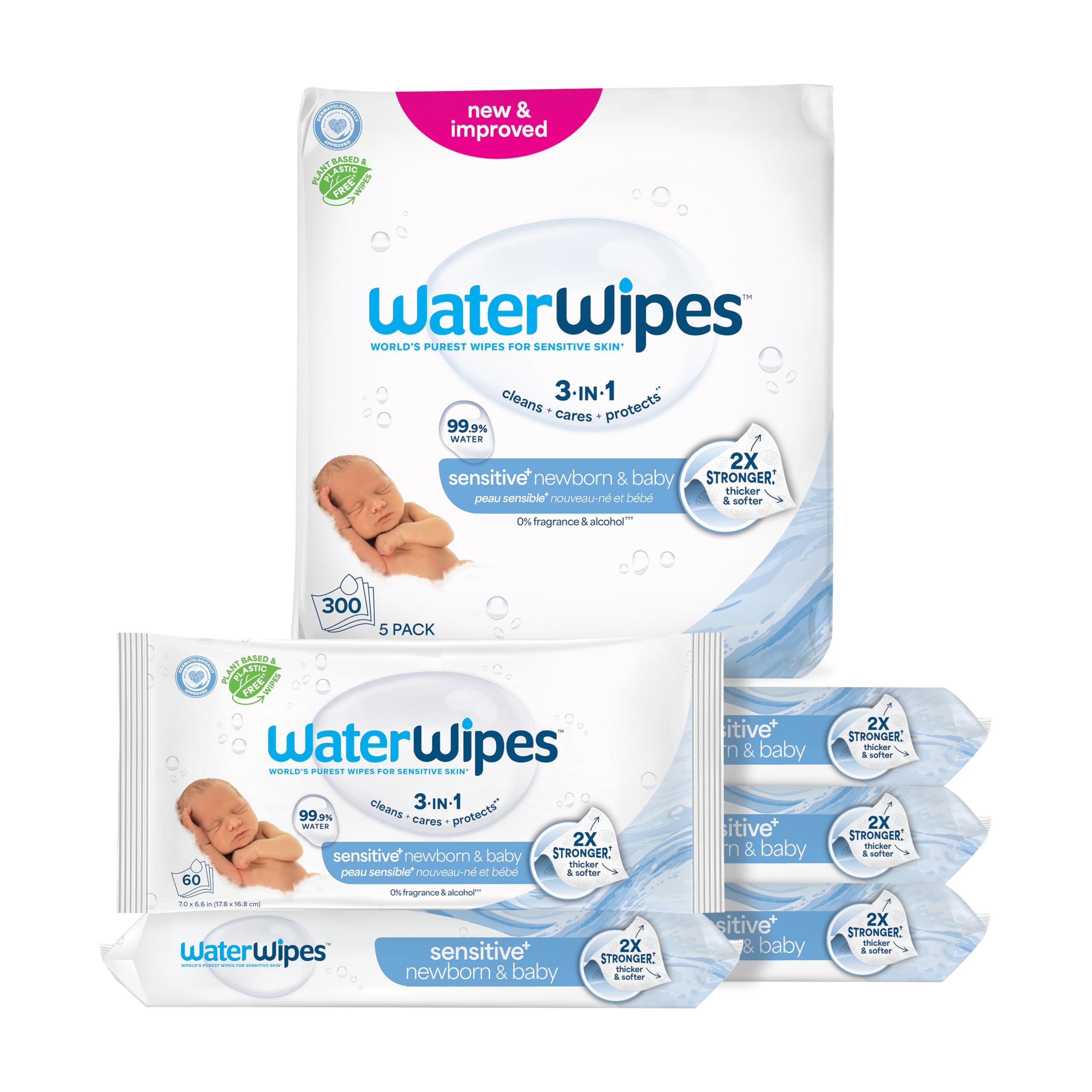 WaterWipesSensitive+ Newborn & Baby Wipes, 3-In-1 Cleans, Cares, Protects, 99.9% Water, Unscented & Hypoallergenic, 300 Count (5 Packs)