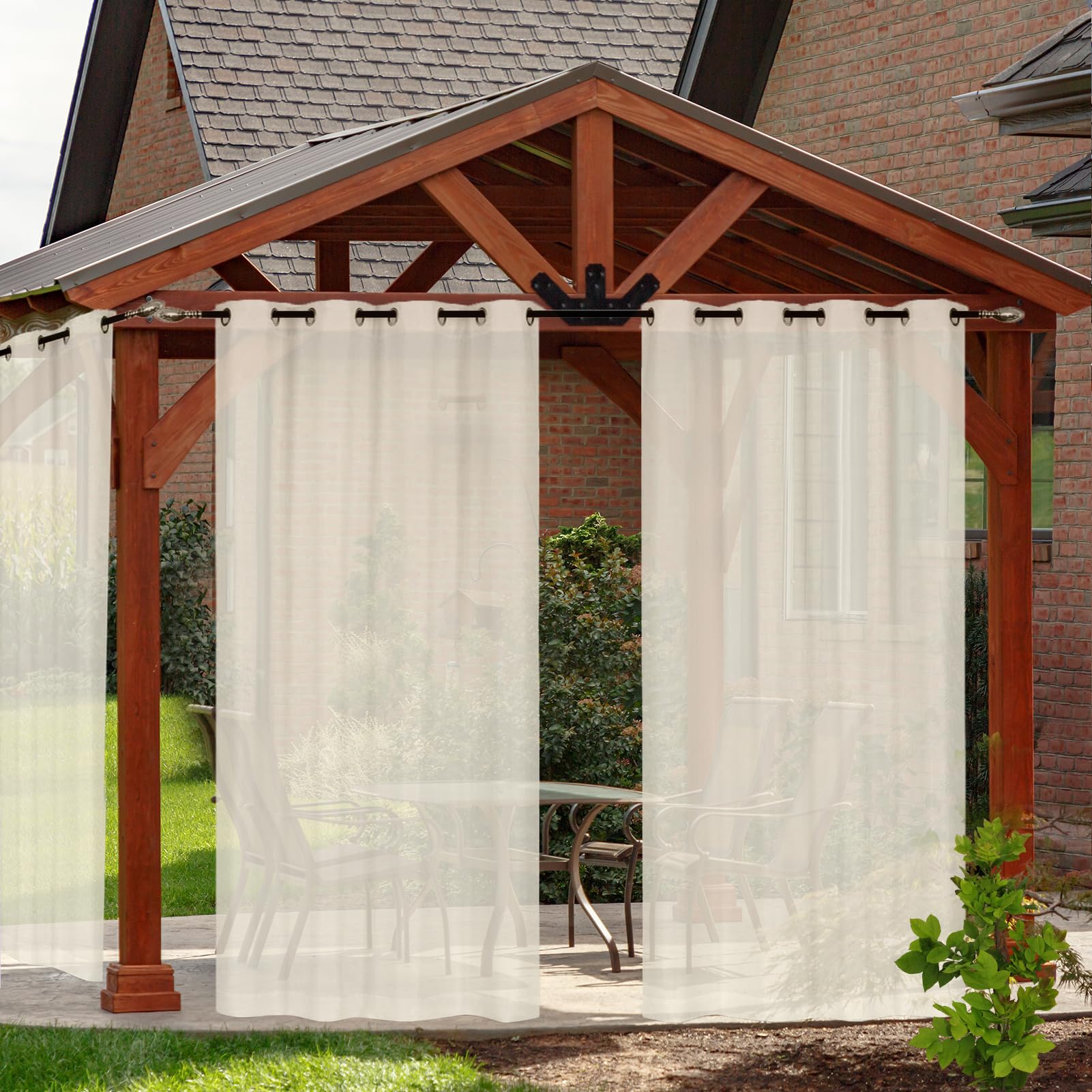 Rclongeu Beige Voile Sheer Linen Look Outdoor Curtains For Patio - 2 Panels Waterproof Sheer Curtains For Pergola, Porch, Cabana And Gazebo Grommet (,2X132*213Cm)