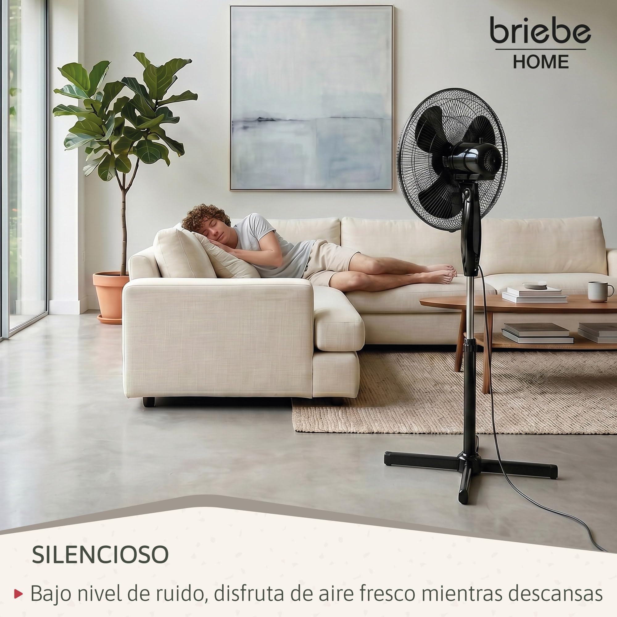 briebe Ventilador de Pie Silencioso con Mando a Distancia, 40cm, Temporizador, Oscilante, 3 Modos Funcionamiento, 3 Velocidades, Regulable Altura 100-125cm, Negro