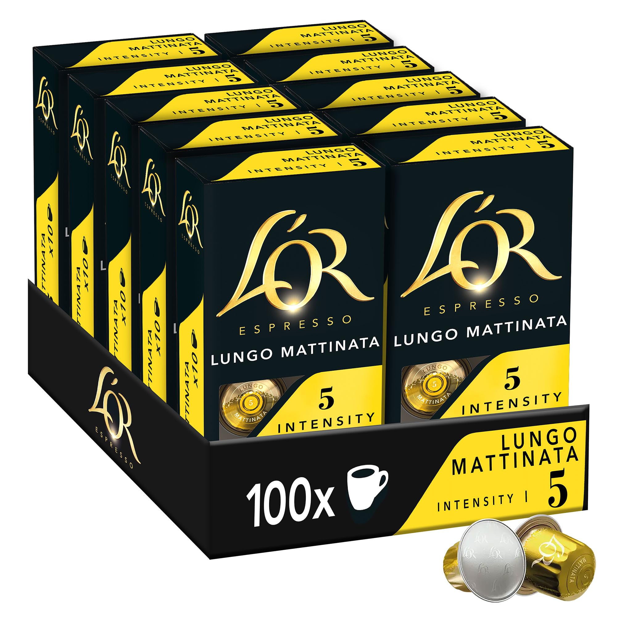 L'OR - Café Espresso Lungo Mattinata Intensité 5 Saveurs Chocolat et Agrumes 10 Lots de 10 Capsules Aluminium