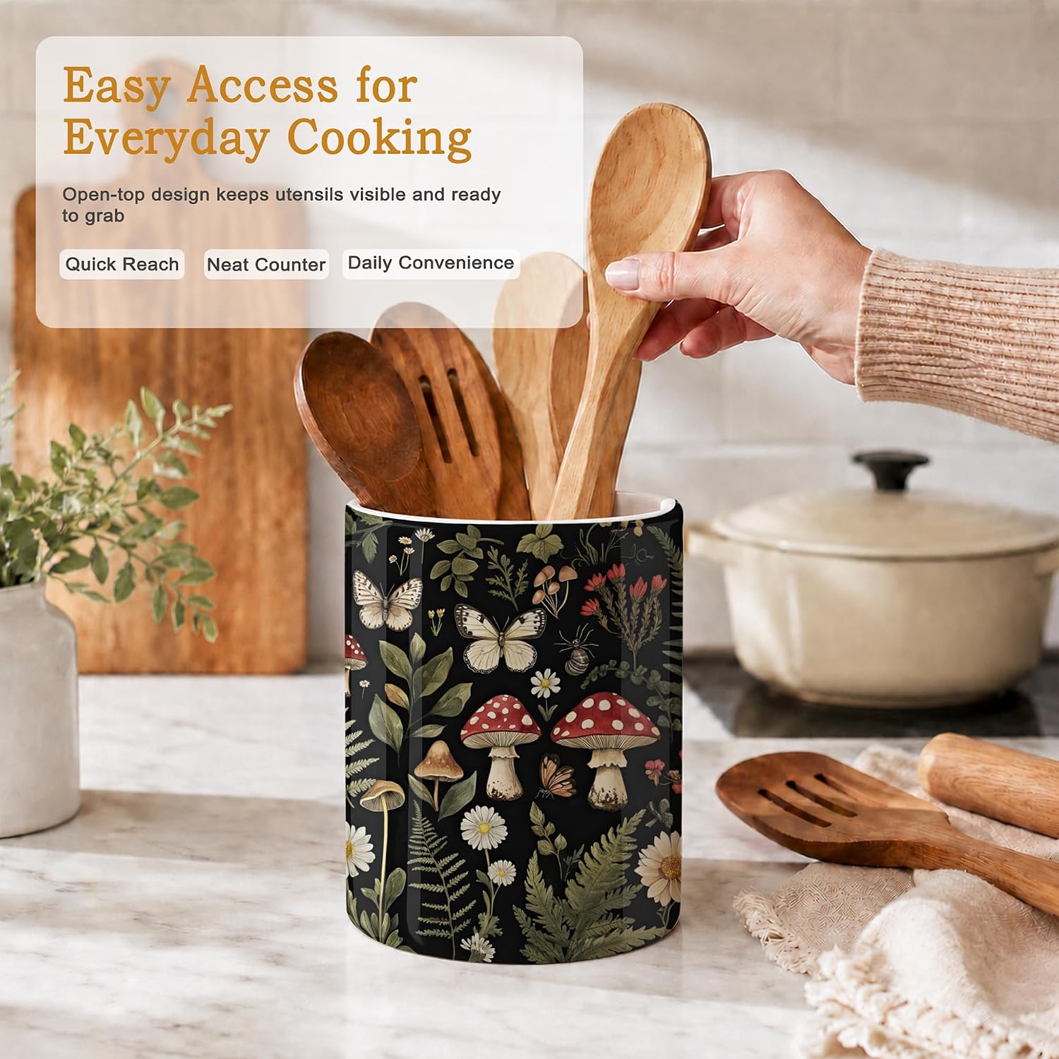 Mushrooms Kitchen Utensil Holder,Butterfly Ferns Flower Ceramic Utensil Crock for Countertop,Cooking Tools Storage jar for Spatulas and Spoons,Housewarming Gifts 6.3"