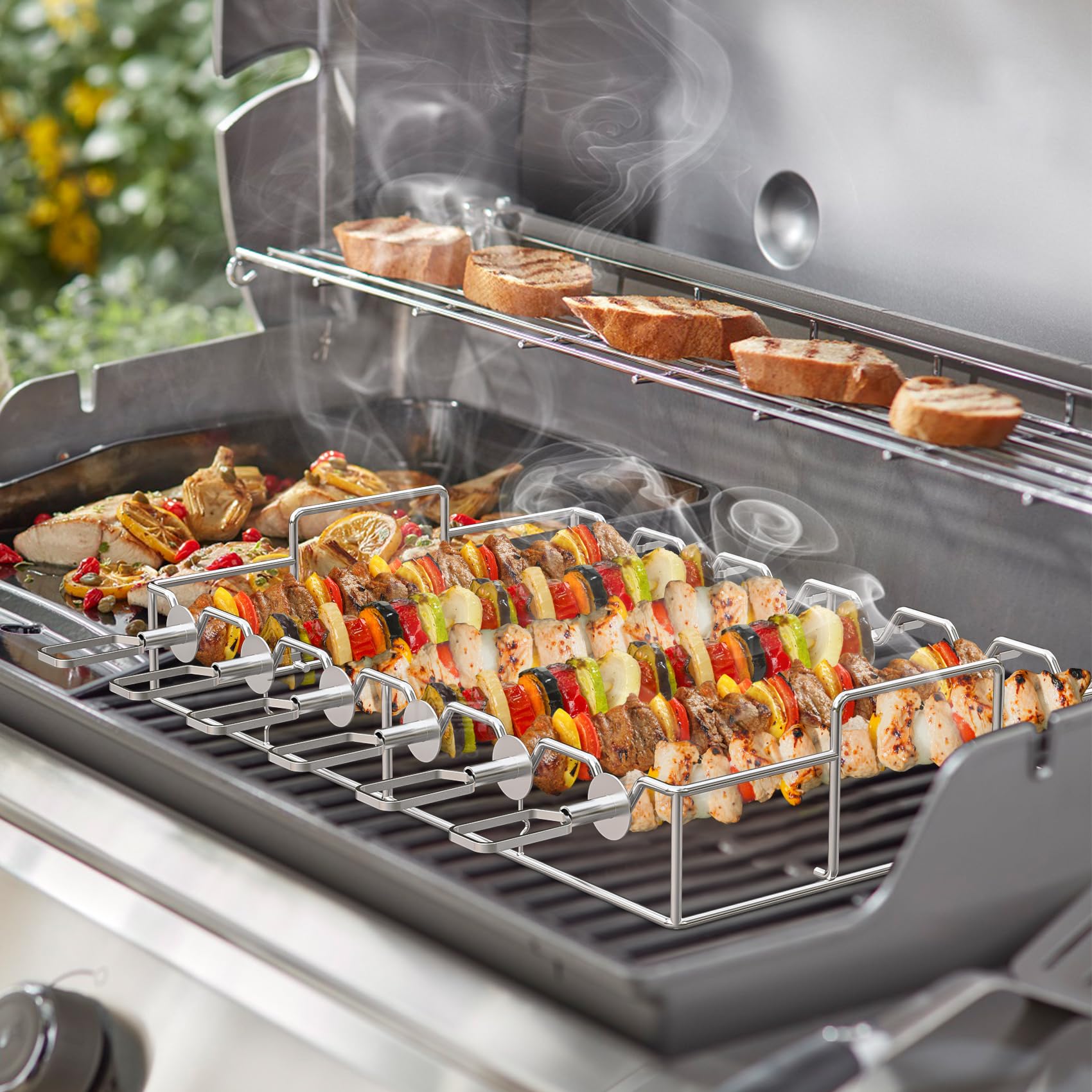 onlyfire Set de Brochettes pour Barbecue en Acier Inoxydable, Pic Brochette INOX avec Support, 6 Brochettes à Viande, Brochettes de Grillades pour Barbecue et Grille, pour Viande et Légumes