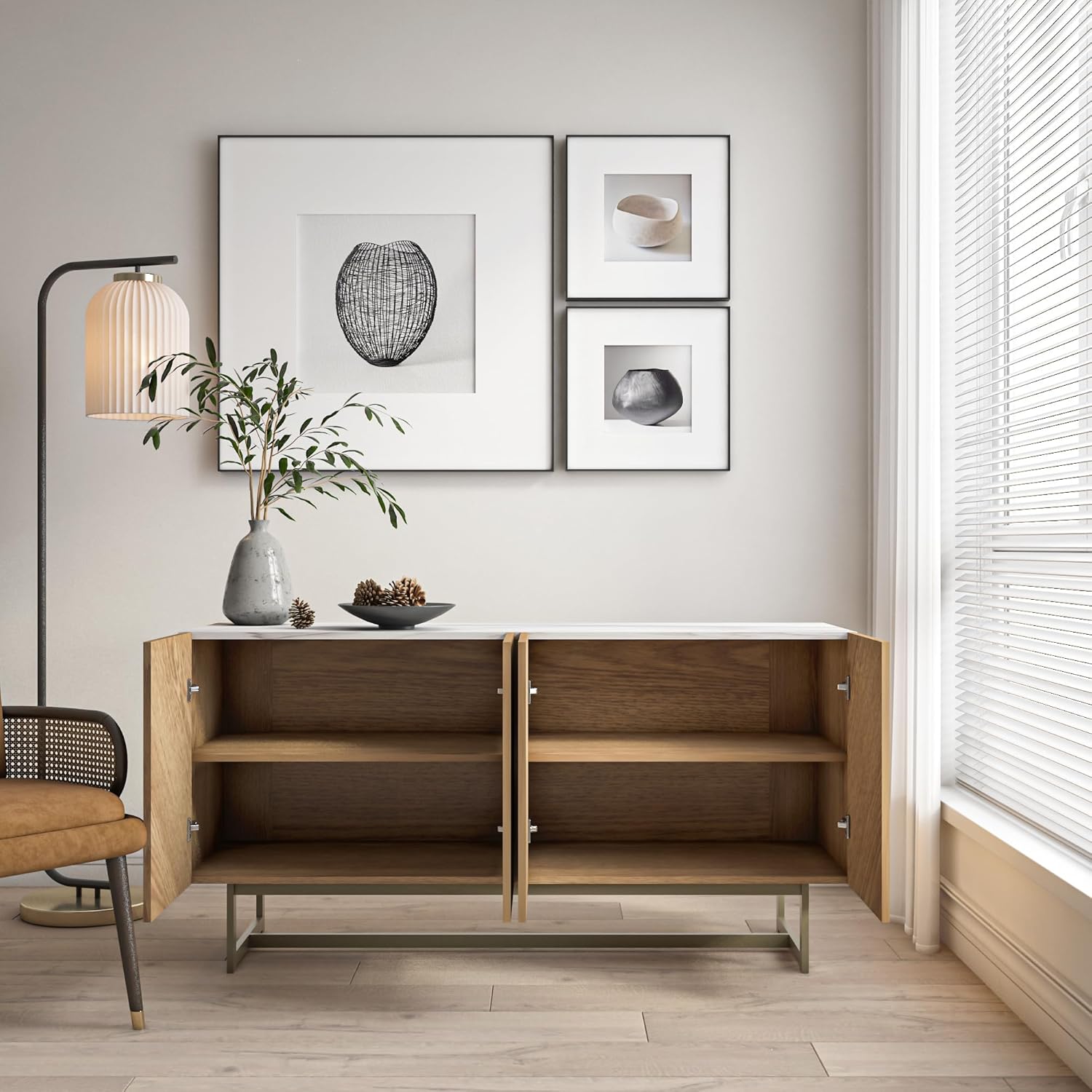 roomfitters Mid Century Modern TV Stand for TVs up to 65", Herringbone Sideboard Buffet Cabinet Credenza, Marble Top Media Console, Boho Entertainment Center for Living Room, Entryway (Oak Wood)