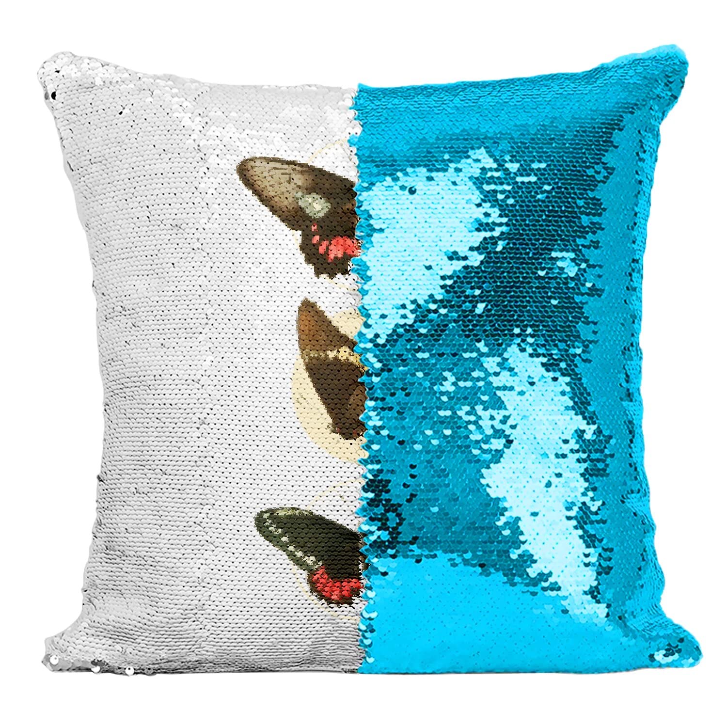 Coussin sequin turquoise aux 3 papillons style minimaliste