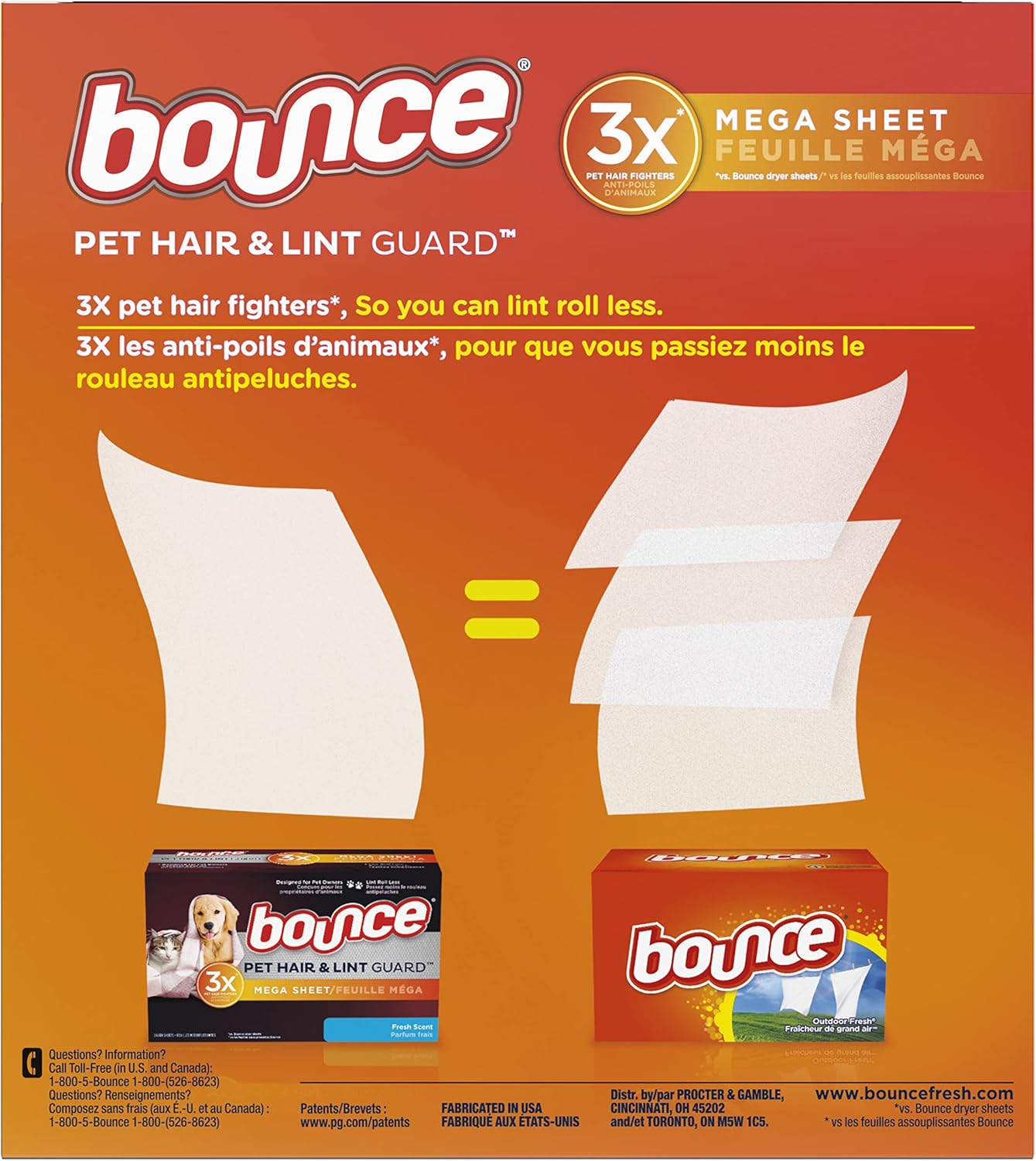 Bounce Pet Hair and Lint Guard Mega Dryer Sheets with 3X Pet Hair Fighters, Fresh Scent, 130 Count : Health & Household