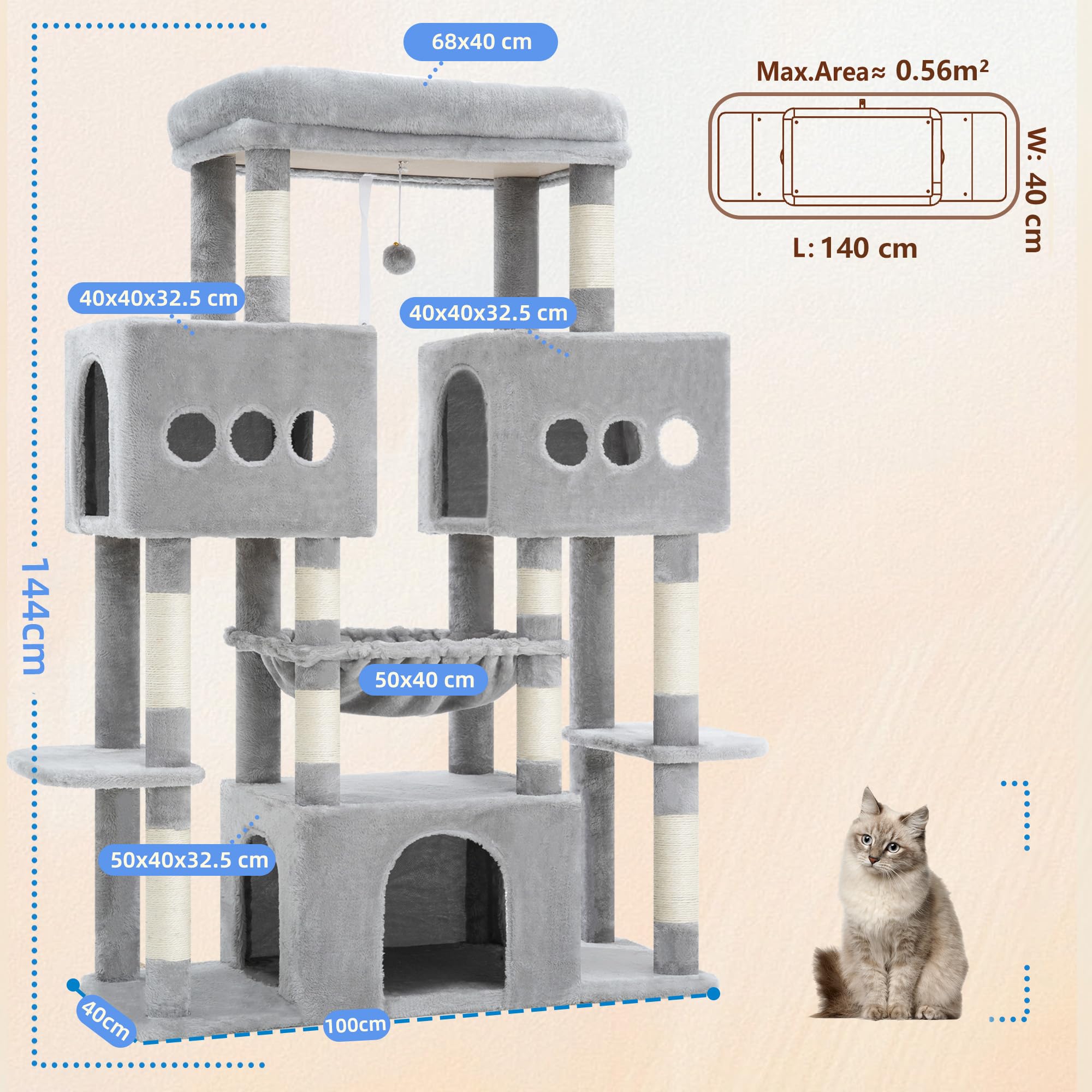 Hey‑brother Rascador para Gatos,con 3 Cuevas Grandes, Hamaca, MPJ083W | 144cm Árbol para Gatos con Plataformas Amplias, Pelota de peluche, para Gatos Grandes de Interior, Gris Claro