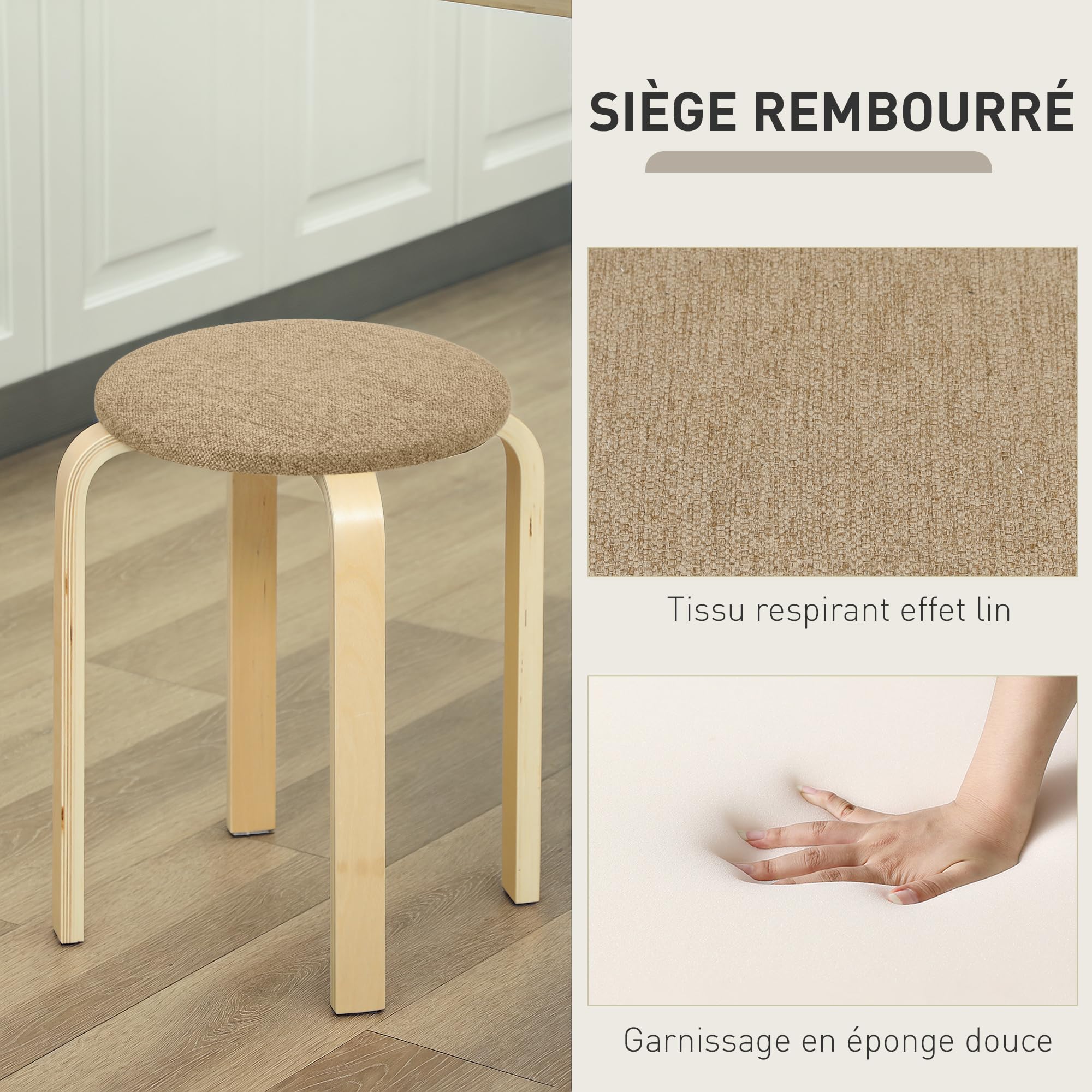 HOMCOM Ensemble de 4 Tabourets Empilables Modernes, Tabourets Ronds sans Dossier, Assise Rembourrée, 40 x 40 x 45 cm, Kaki