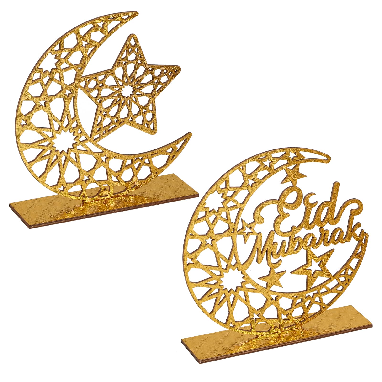 2 Pieces Wood Eid Mubarak Decorations Sign Ramadan Ornaments Table Sign Moon Hollow Star Ornament for Home Birthday Party Gifts Wall Art Decoration