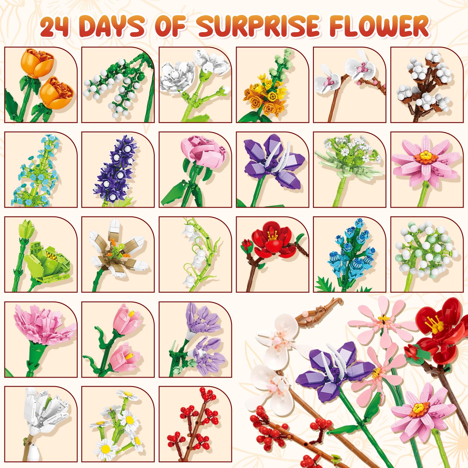 Calendario dell'Avvento 2026 con bouquet di fiori Botanicals, calendario natalizio con 24 fiori artificiali, kit per il fai da te, regalo di Natale, San Valentino, compleanno, per moglie/fidanzata