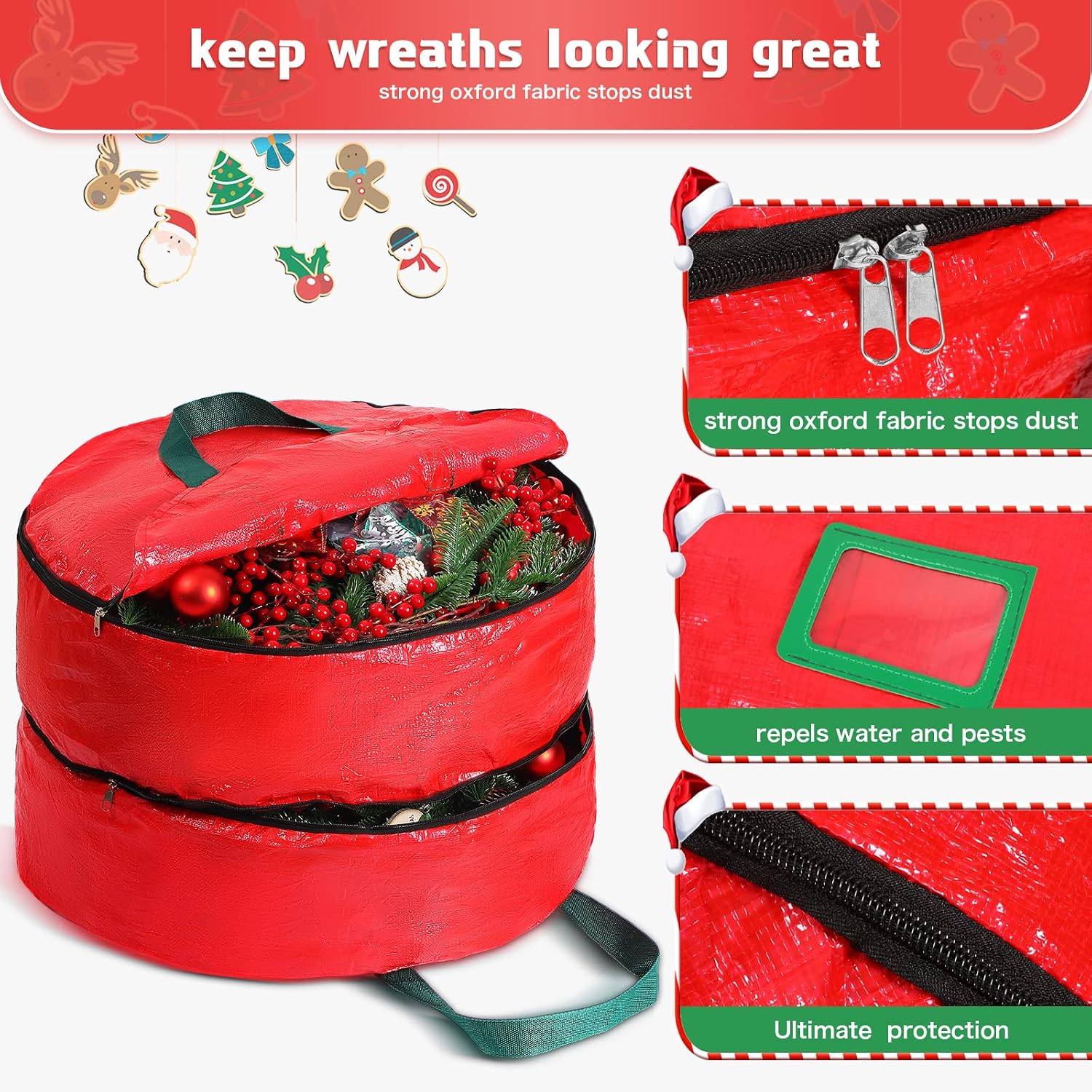 Shappy Double-Sided Christmas Wreath Storage Bag Red Wreath Container Plain Seasonal Garland Container Festive Wreath Box with Double Zippers and Handles - Image 4