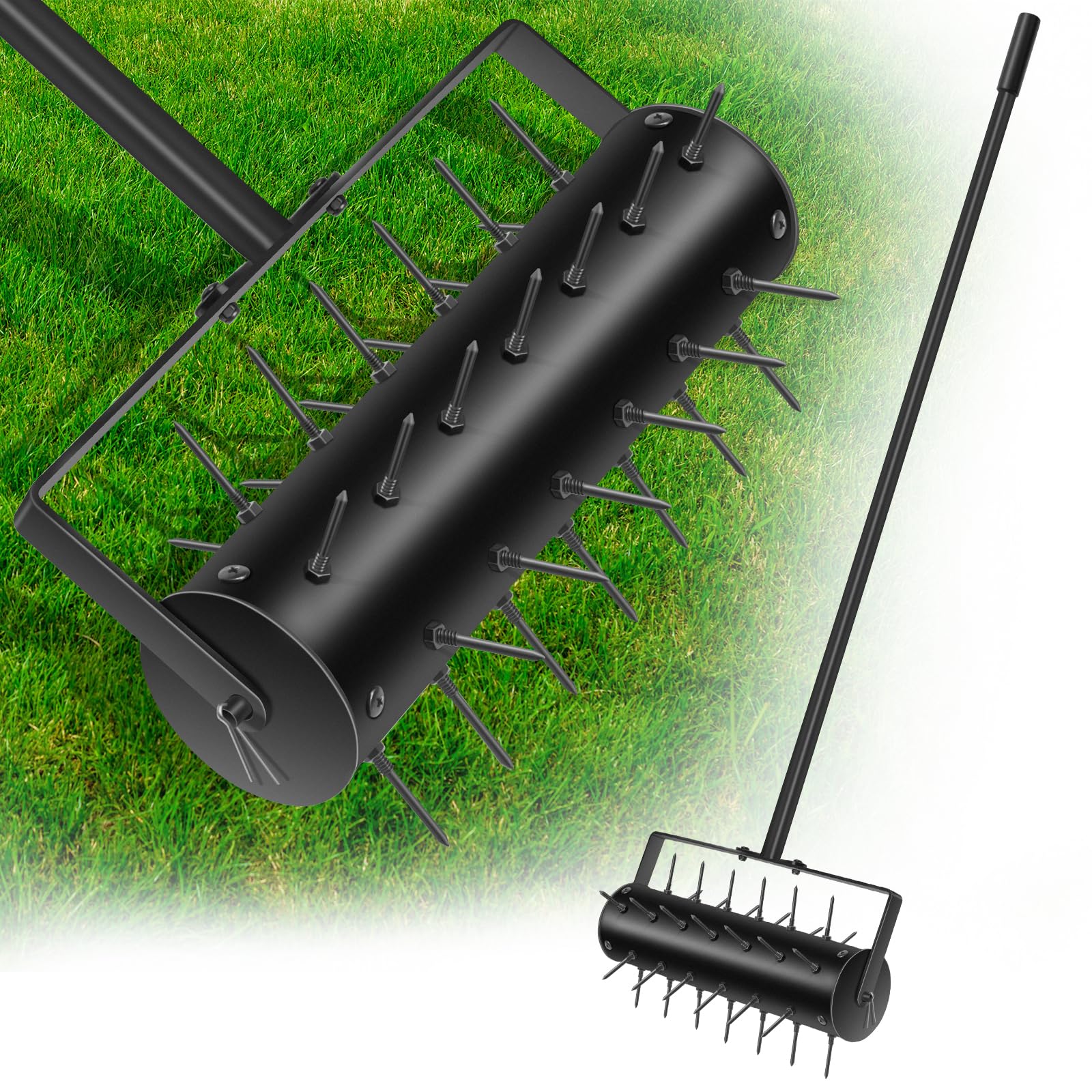 22" Lawn Aerator Tool Manual Lawn Aerators Rolling Lawn Aerator Manual Aeration Tool Soil Aerator Roller with 55" Stainless Steel Handle and Handle Cover for Garden Patio Manual Lawn Aerator Black