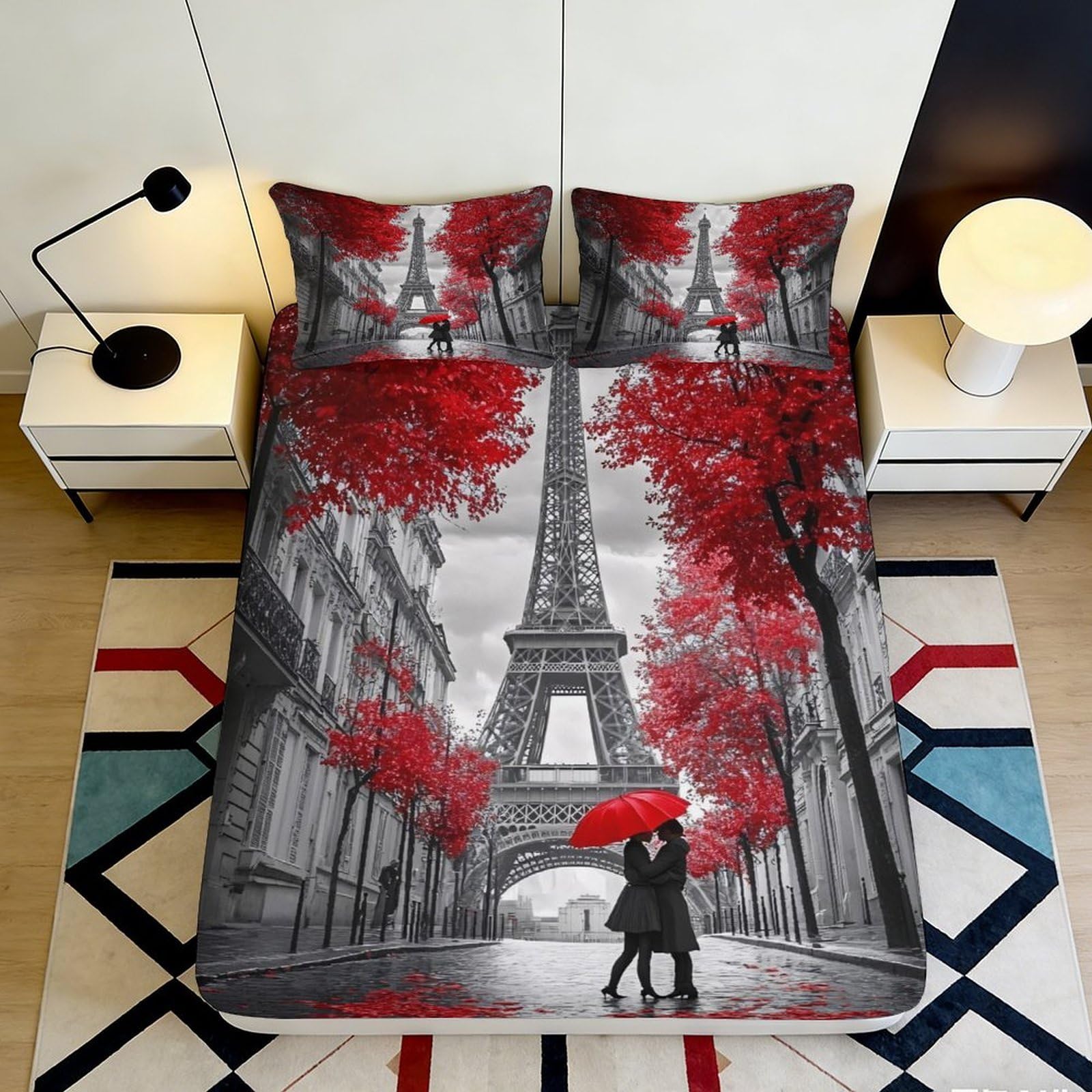 3D Printed Eiffel Tower Red Umbrella Fitted Sheet Microfiber Grey Paris Street Mattress Cover Bedroom Decor 90x200x25cm