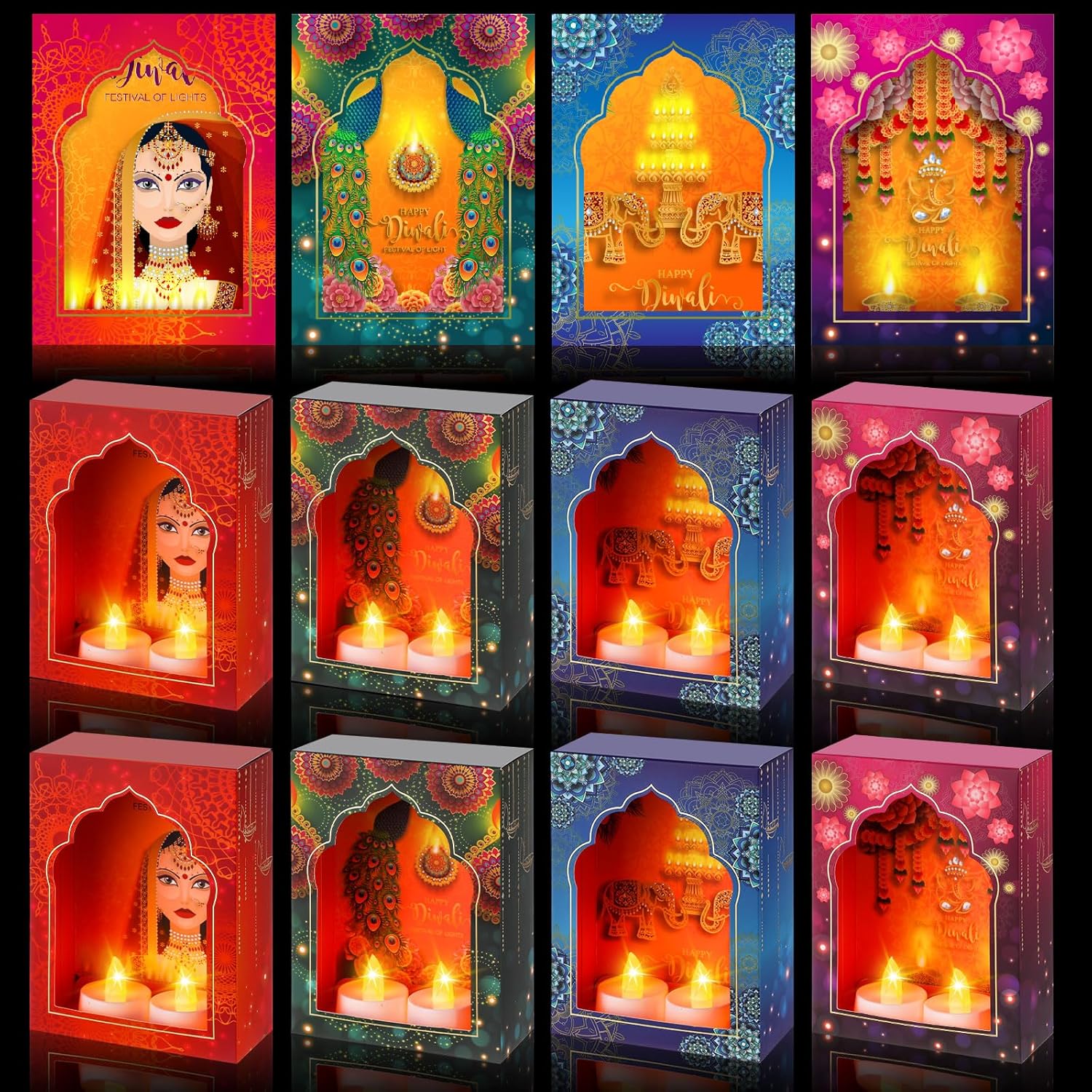 Retisee Sets of 12 Paper Deep Diwali Decor Include 12 Diwali Candle Holders, 12 Candle LED Light, 12 Double Sided Tape for Decoration Home Wall Festive Decor