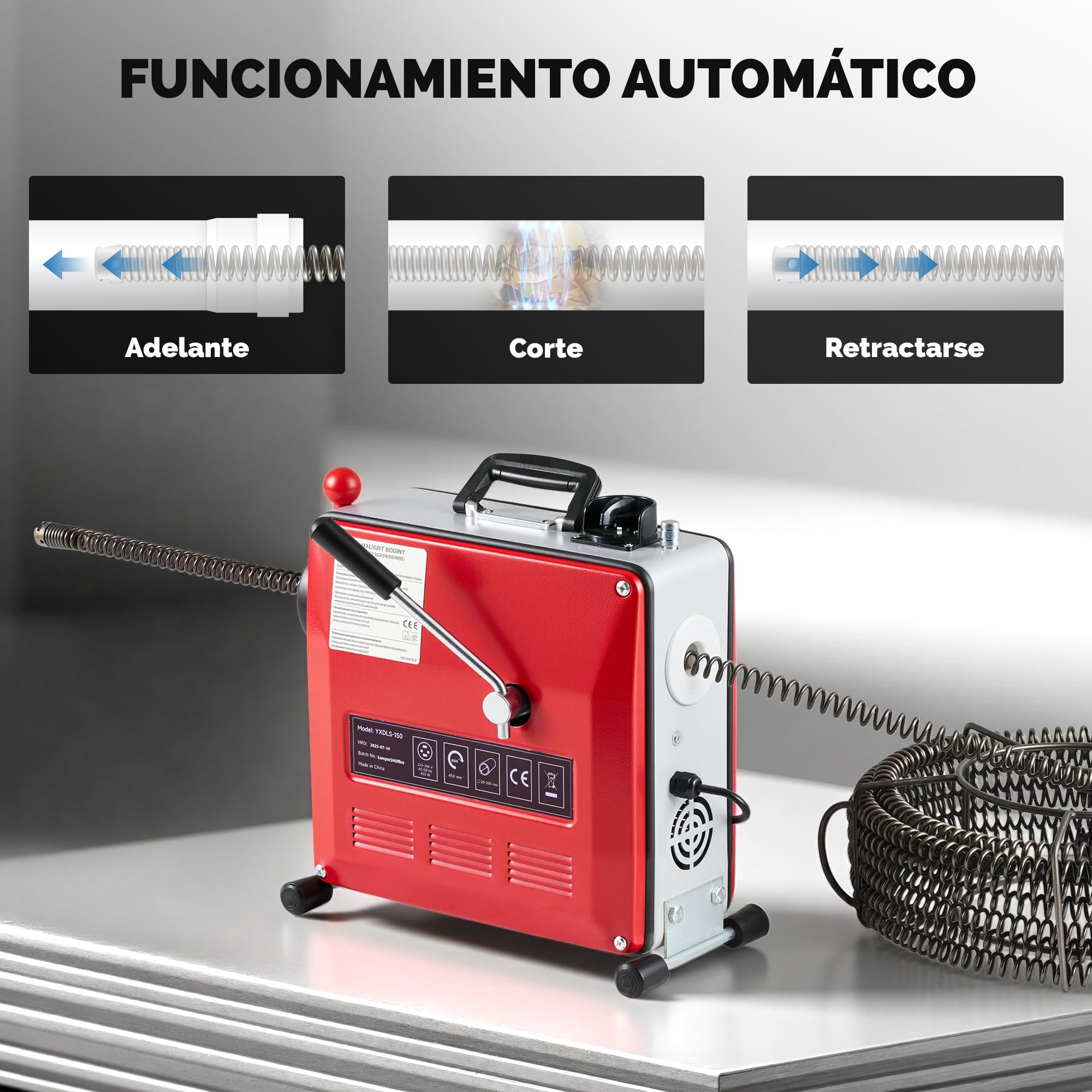ZELCAN 850W Desatascador de Tuberías Eléctrico Profesional 450r/min Máquina de Limpieza de Desagües Electrico con Espirales para Tubos 20mm a 200mm