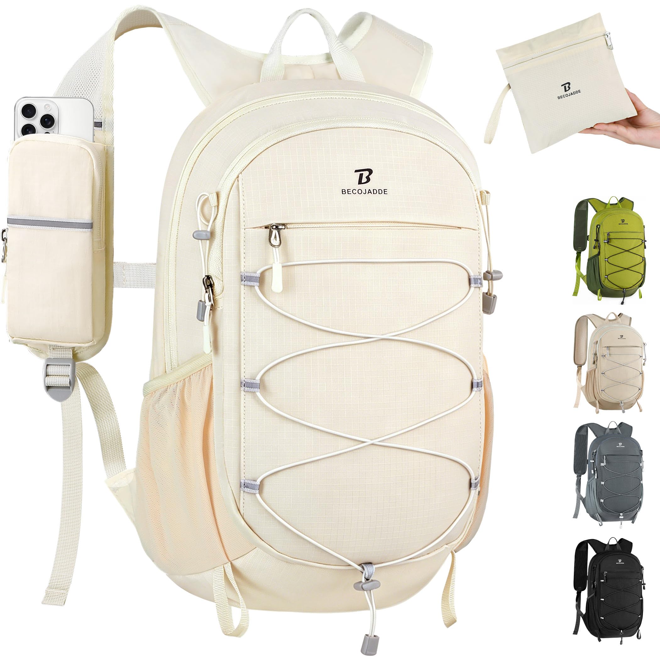 BECOJADDE 15L Kleiner Wanderrucksack Tagesrucksack Herren Damen Leichter Faltbarer Rucksack mit Brustgurt und Rückenbelüftung für Wandern Daypack Travel Rad und Ausflug, Beige