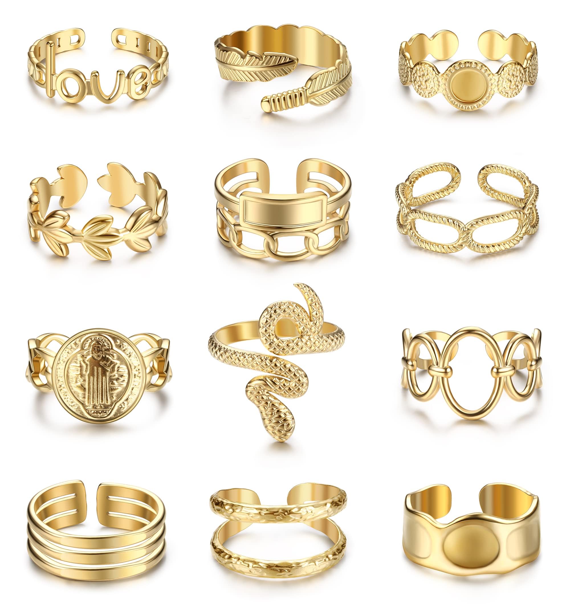 Besteel 18K Gold Plated Rings for Women, Stainless Steel Statement Rings Pack Stacking Boho Midi Rings Adjustable Open Ring Band Twisted Signet Rings