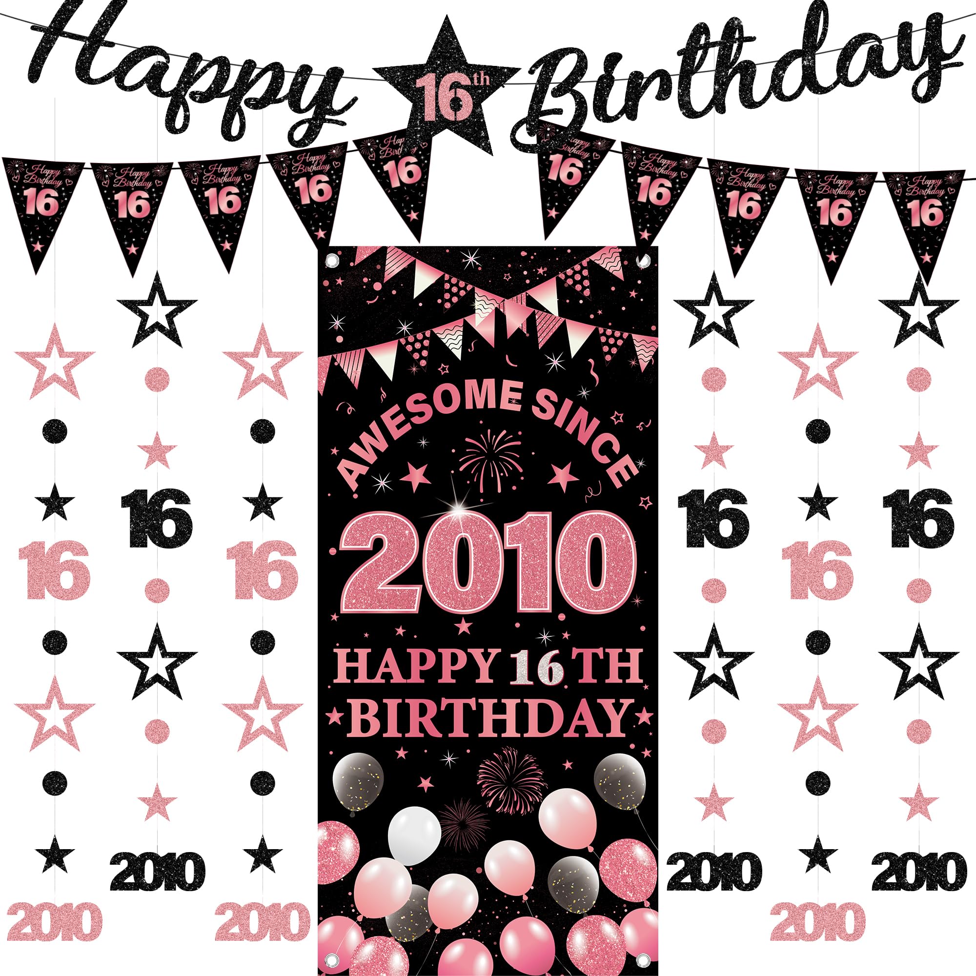 16th Birthday Decorations Girls Banners - 9 Pcs Black Rose Gold Happy Birthday Banner Awesome Since 2010 Curtain Twinkle Star Dot Hanging Streamer Pennant for 16 Years Old Party Wall Decor Supplies