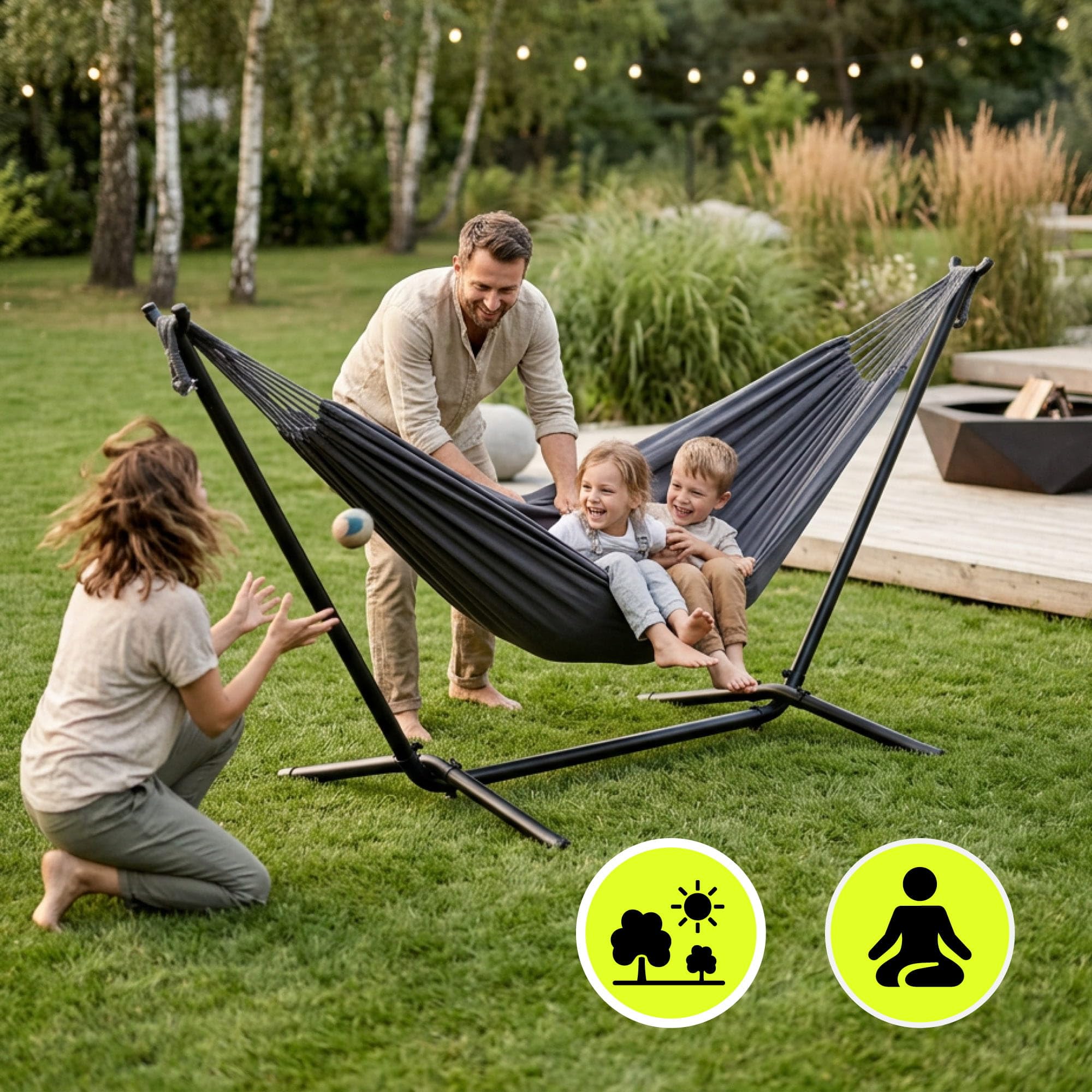 HyperMotion Hamac de Jardin en Polyester et Coton, 200 × 150 cm, Gris, Capacité 100 kg, 2 Personnes, avec Sac de Transport, pour Terrasse, Balcon et Camping