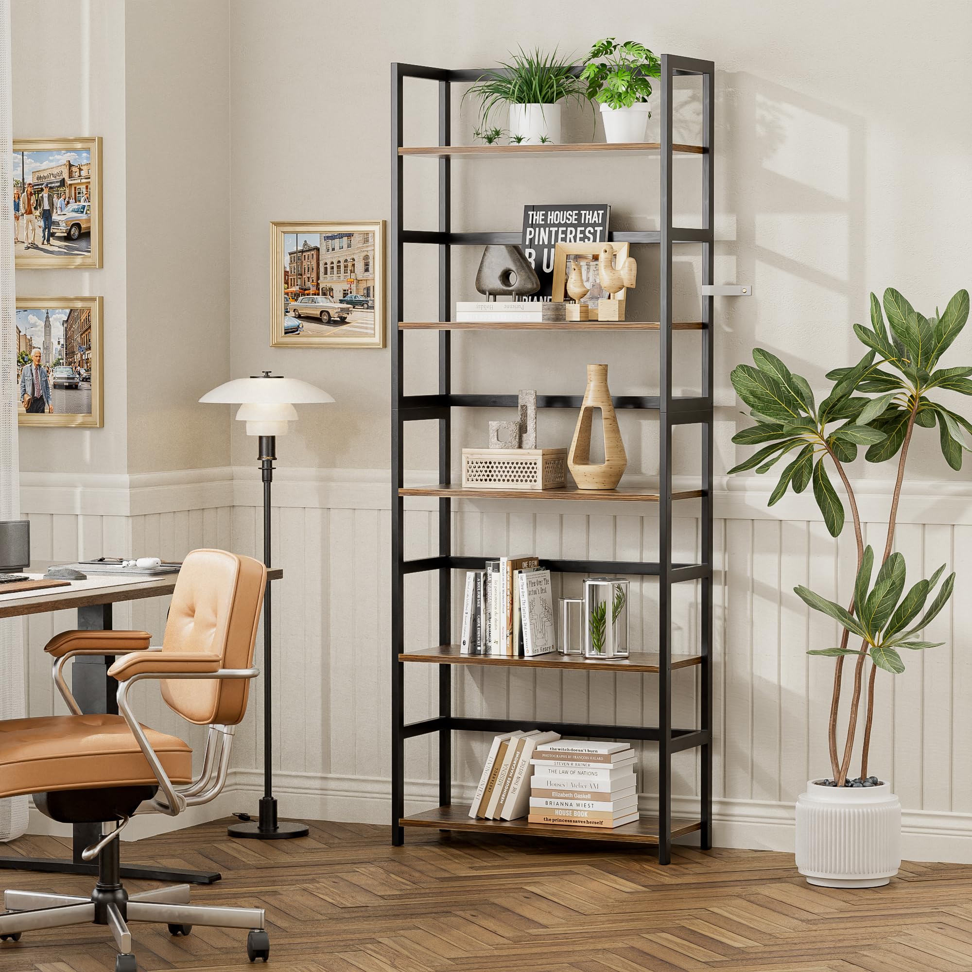 Estantería de madera de bambú de 5 niveles, estante alto de almacenamiento, estantería grande, organizador industrial moderno para el hogar, oficina, sala de estar, cocina, dormitorio (marrón 3