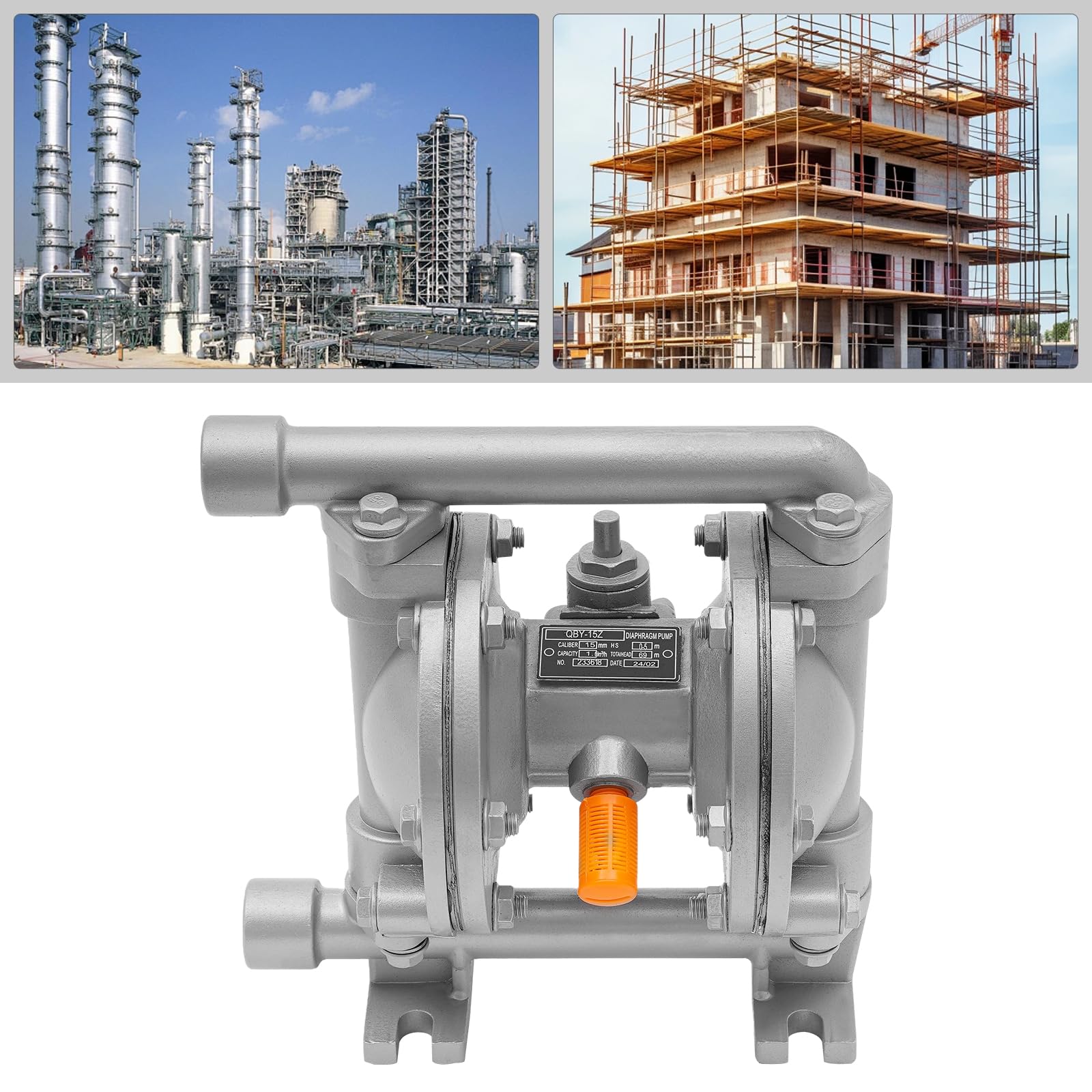 QBY-15Z Bomba neumática de diafragma – Caudal 0 – 1 m³/h, altura total de extracción 69 m, altura de aspiración 0 – 5 m, presión máxima de suministro de aire 7 bar, ideal para aceite, diésel