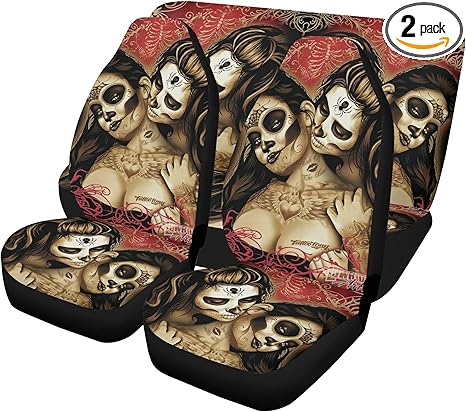Mexican Candy Skull Car Seat Covers with Custom Car Mats Dia de Los Muertos Sugar Skull Universal Car Seat Cover Car Floor Mat Anime Interior Accessories (3pcs Front+Back seat Covers)
