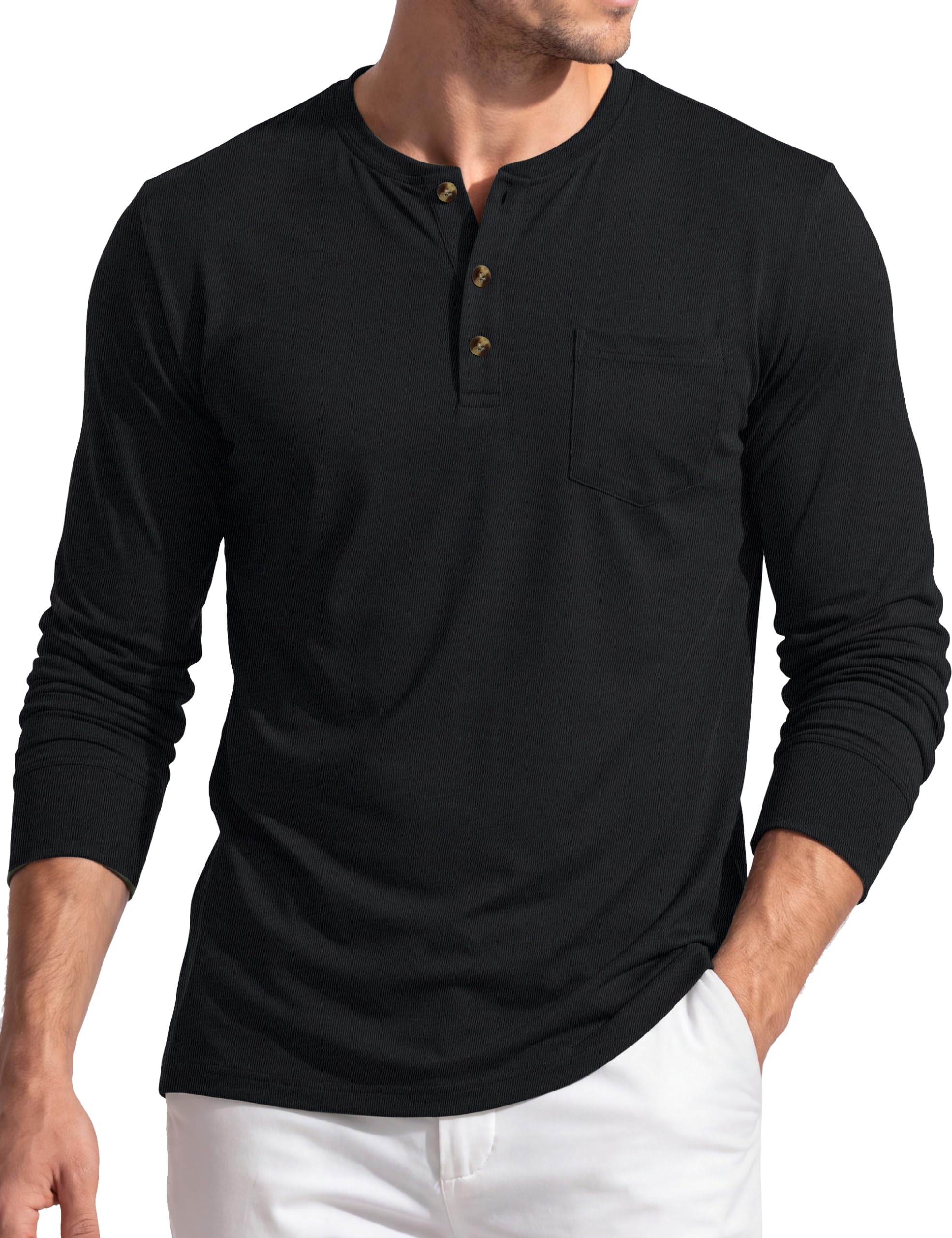 EKLENTSON Herren Henley Shirt Langarm Baumwolle Tshirt mit Brusttasche | Baumwolle, Langarm, Regular Fit, Brusttasche, Henley-Kragen, Hautfreundlich, Atmungsaktiv, Weich, Moisture Wicking, Casual