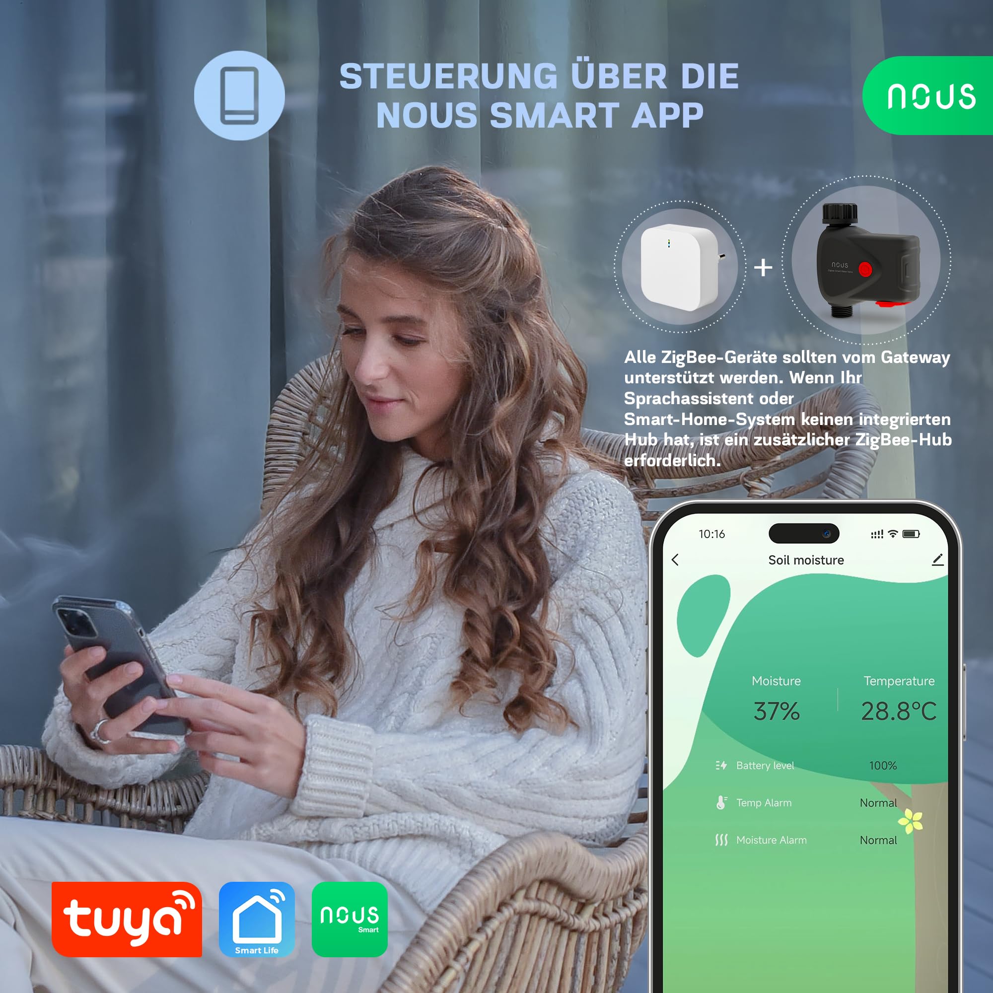NOUS ZigBee Smart Wasserhahn-Ventil, Bewässerungssteuerung IP66, Kompatibel mit Alexa, Google Assistant, Smart Life, Timer & App-Fernbedienung, Batteriebetrieben, 3/4 Zoll, für Garten, ZigBee-Hub Erfo