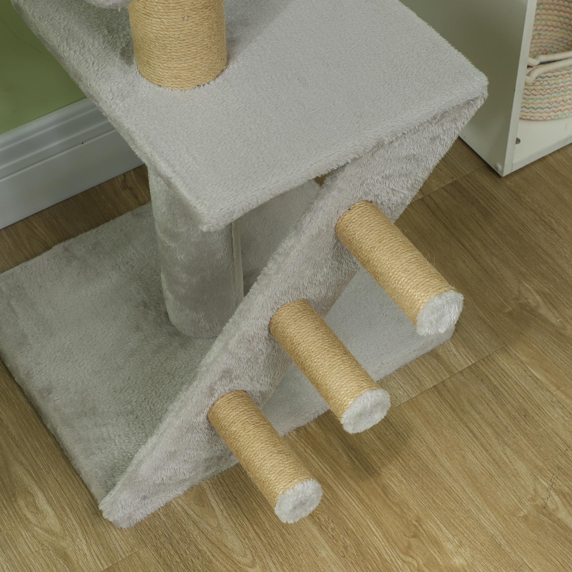 PawHut Árbol para Gatos de Suelo a Techo con Escalera 225-255 cm Gris Claro | Árbol Rascador para Gatos, Altura Ajustable, Múltiples Plataformas, Bola Colgante