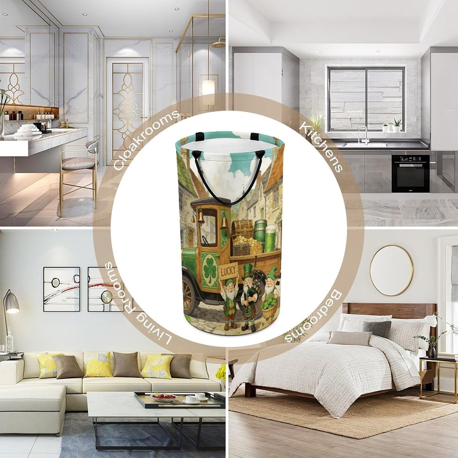 Green Shamrock Gnomes Truck Laundry Hamper Portable Lightweight Clothes Hampers Fashion Dirty Laundry Storage Basket Large Capacity Foldable Clothes Baskets for Bathroom Bedroom