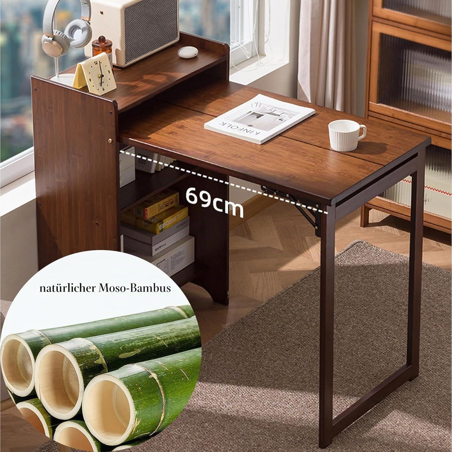 Klapptisch Bambus Schreibtisch Klappbar Mit Regal für Kleine Räume