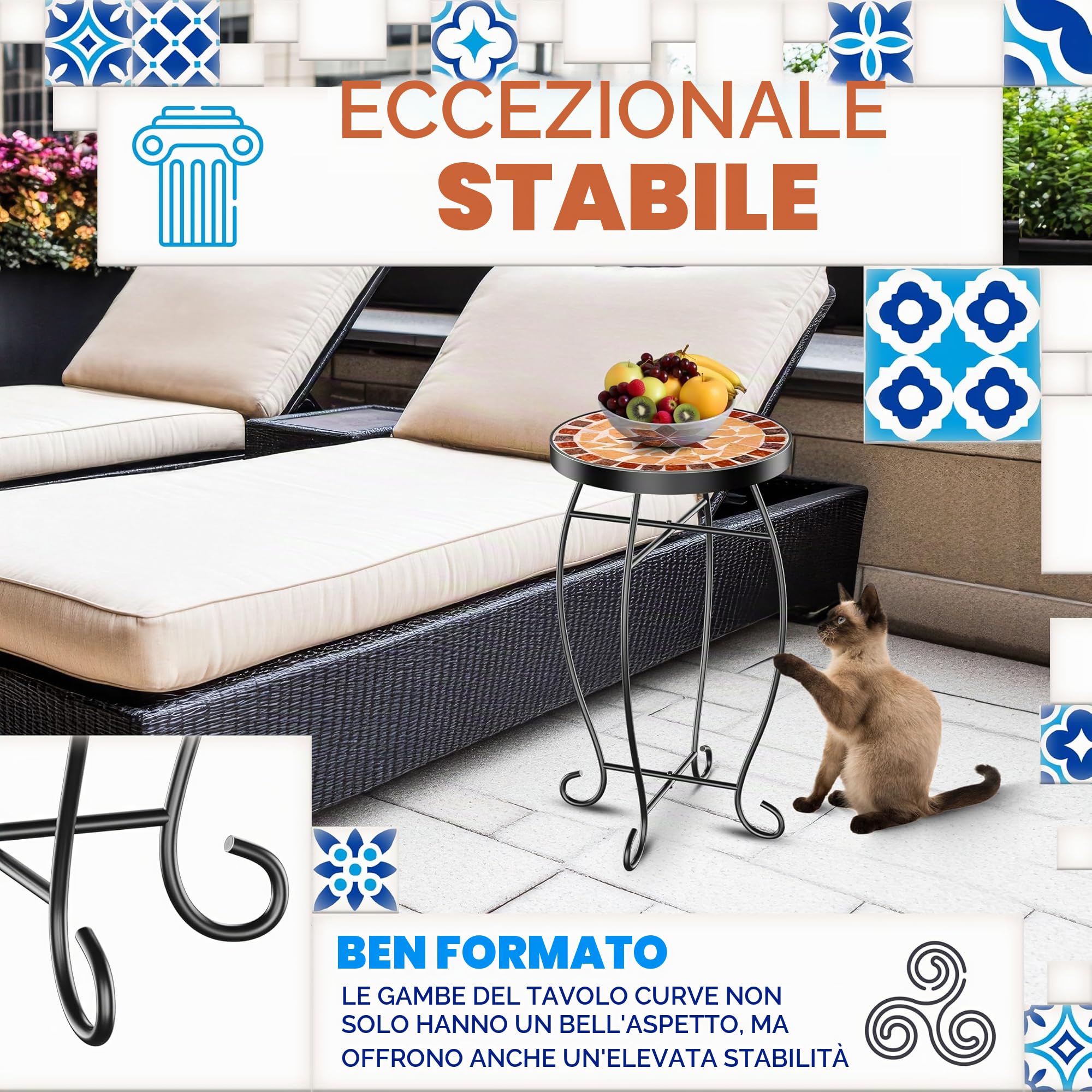 KESSER® Tavolo a mosaico - tavolo da bistro - sgabello a fiori rotondo - misure 60 x 38 cm - tavolino da caffè in metallo a mosaico - tavolo da balcone, patio, terrazzo