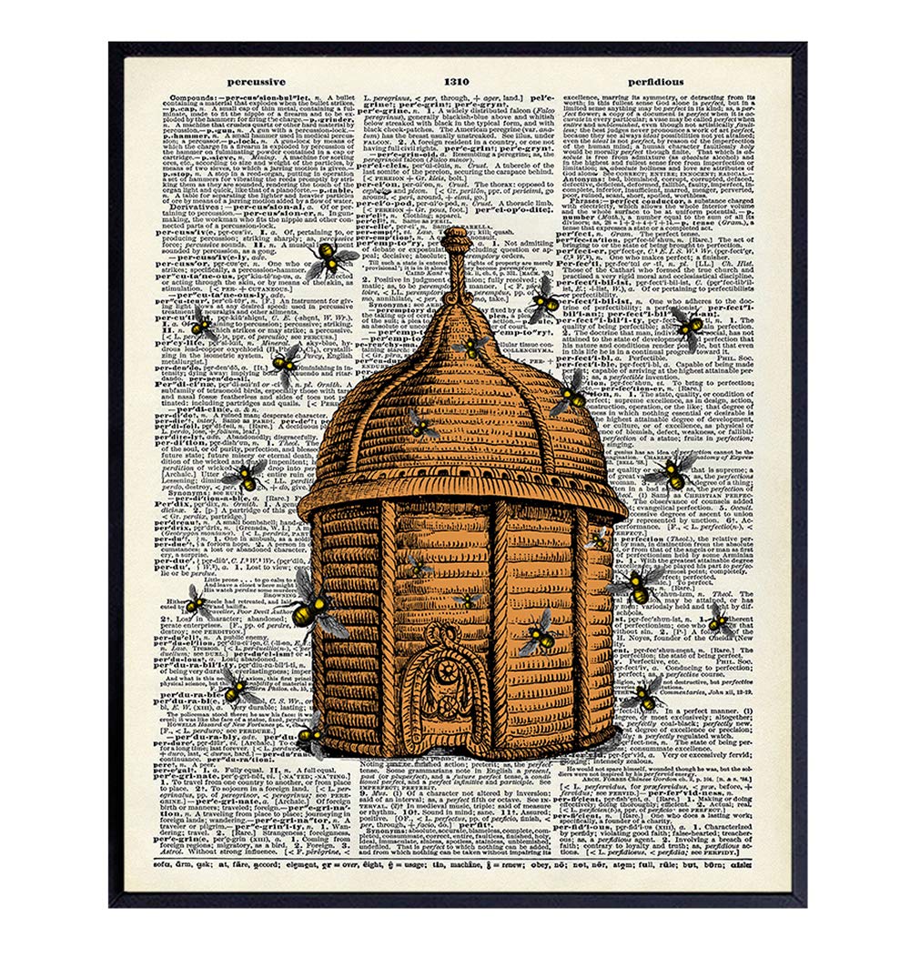 Beehive and Bees Dictionary Wall Art Print - Steampunk - Great For Home Decor, Flower Lovers and Easy Gift Giving - Perfect Present for Florists and Flower Shops - Ready to Frame (8X10) Vintage Photo