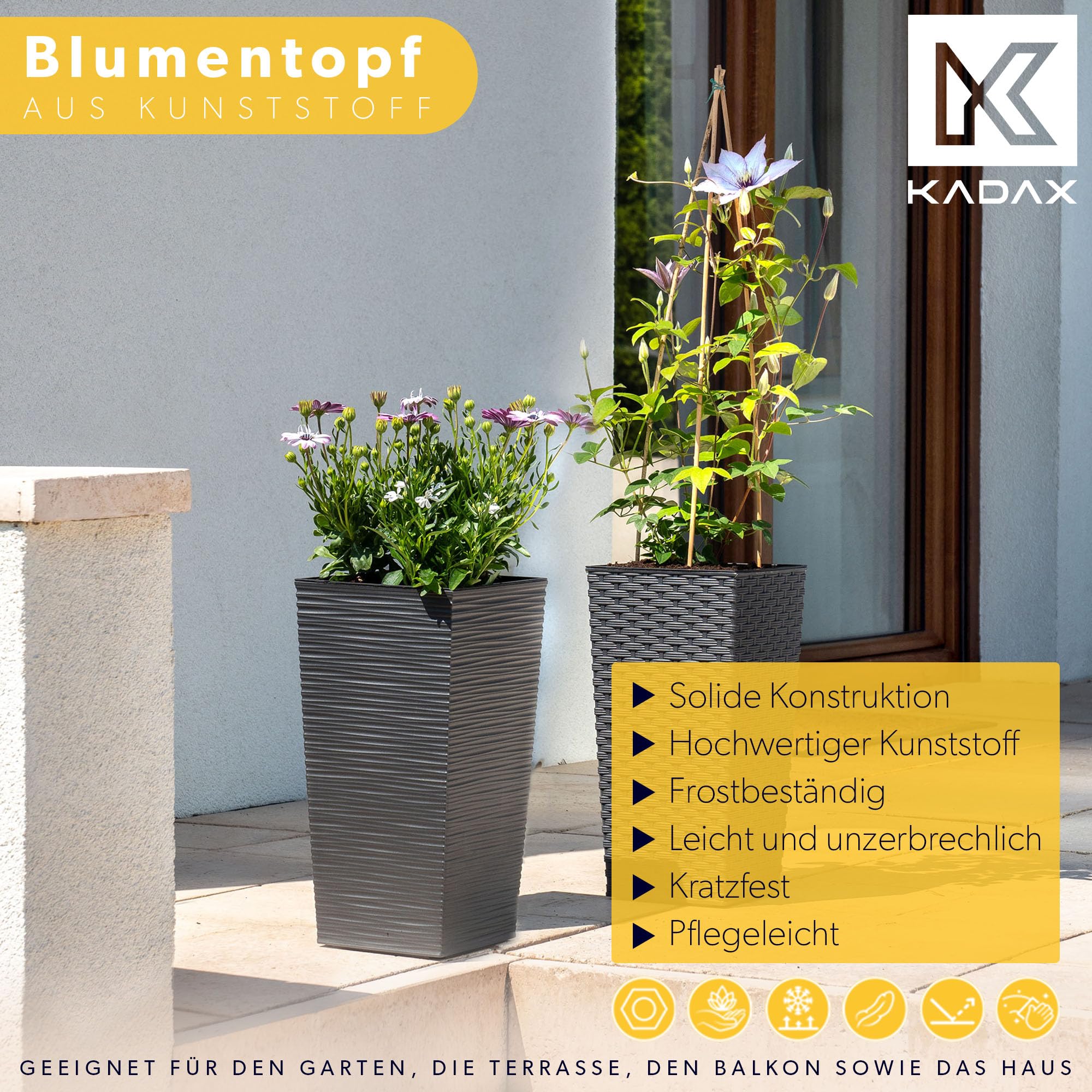KADAX 3er Set Pflanzkübel mit Innentopf 36/46,5/57,5 cm Höhe, Grafit – wetterfeste & robuste Blumenkübel aus Kunststoff, Blumentöpfe für Innen- & Außenbereich