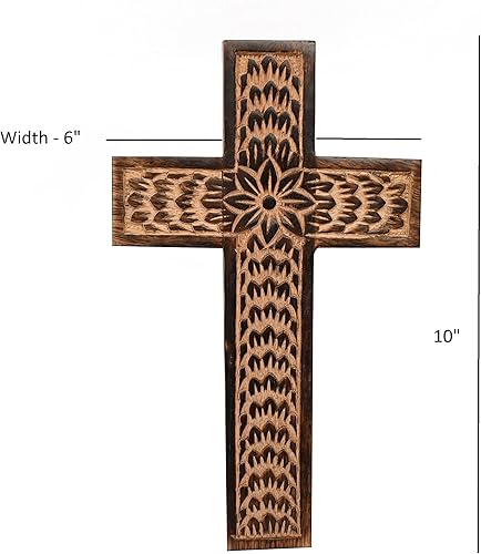 Miniatura 6 de Samhita Cruz de pared de madera de mango, decoración de cruz familiar con tallado floral de Jesucristo, decoración del hogar (10 x 6 x 0.5 pulgadas)