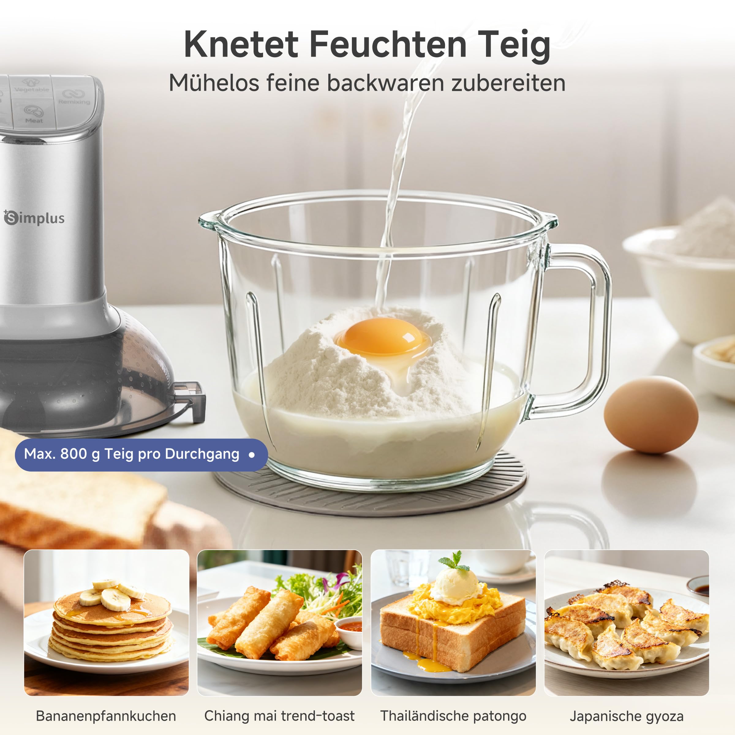 SIMPLUS Universalzerkleinerer mit Teigknetfunktion, 300W Elektrisch, 2.5L Glasbehälter, Multifunktion Küchenmaschine mit 4 Edelstahlklingen für Fleisch, Gemüse, Nüsse, Babybrei