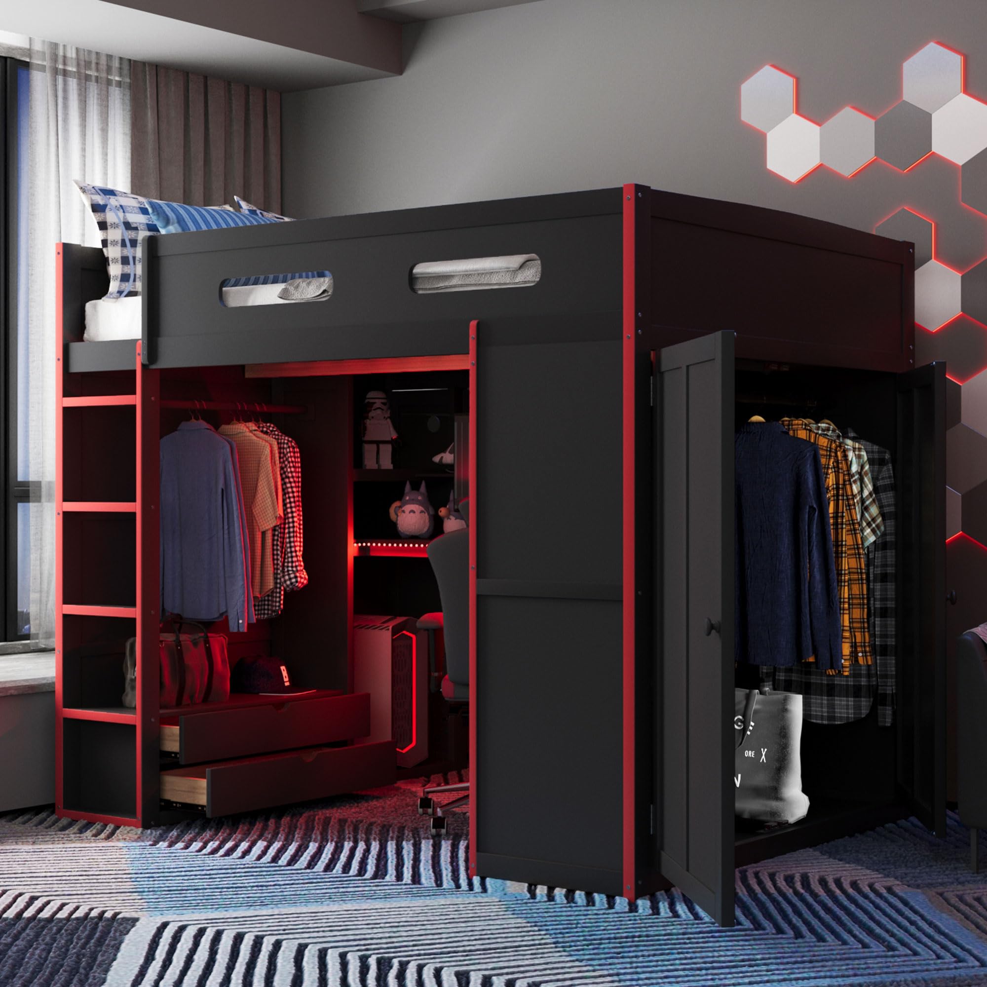SOFTSEA Full Size Gaming Loft Bed with Desk, Wardrobe, Drawers, LED Light & USB Ports, Wood Loft Bed with Desk Underneath and Storage for Kids Teens Adults, Red & Black