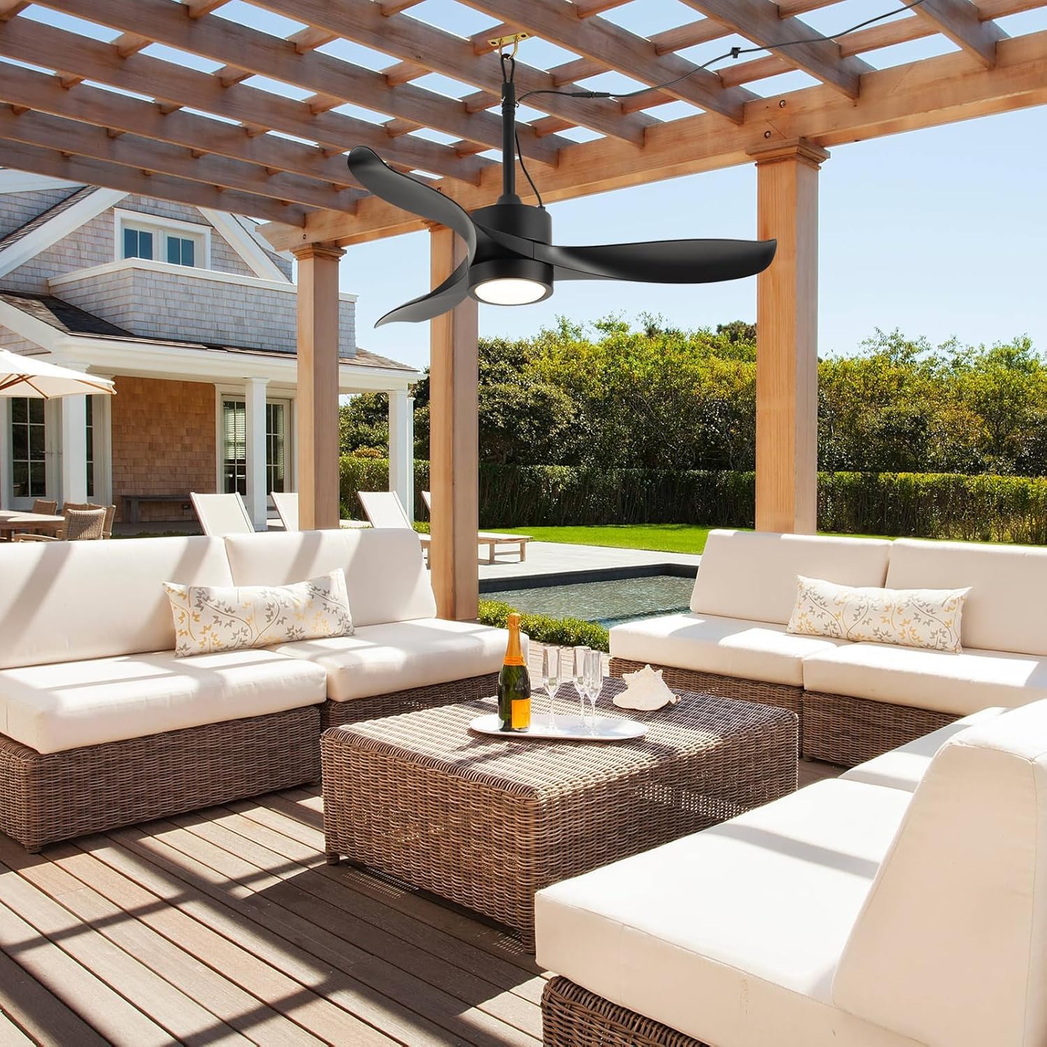 106CM Outdoor Deckenventilator mit Beleuchtung und Fernbedienung IP65 Wasserdicht Deckenleuchte mit Ventilator LED Dimmbar Lampe mit Ventilator Leise 6 Gang Fan Deckenlampe für Außen Balkon Garten