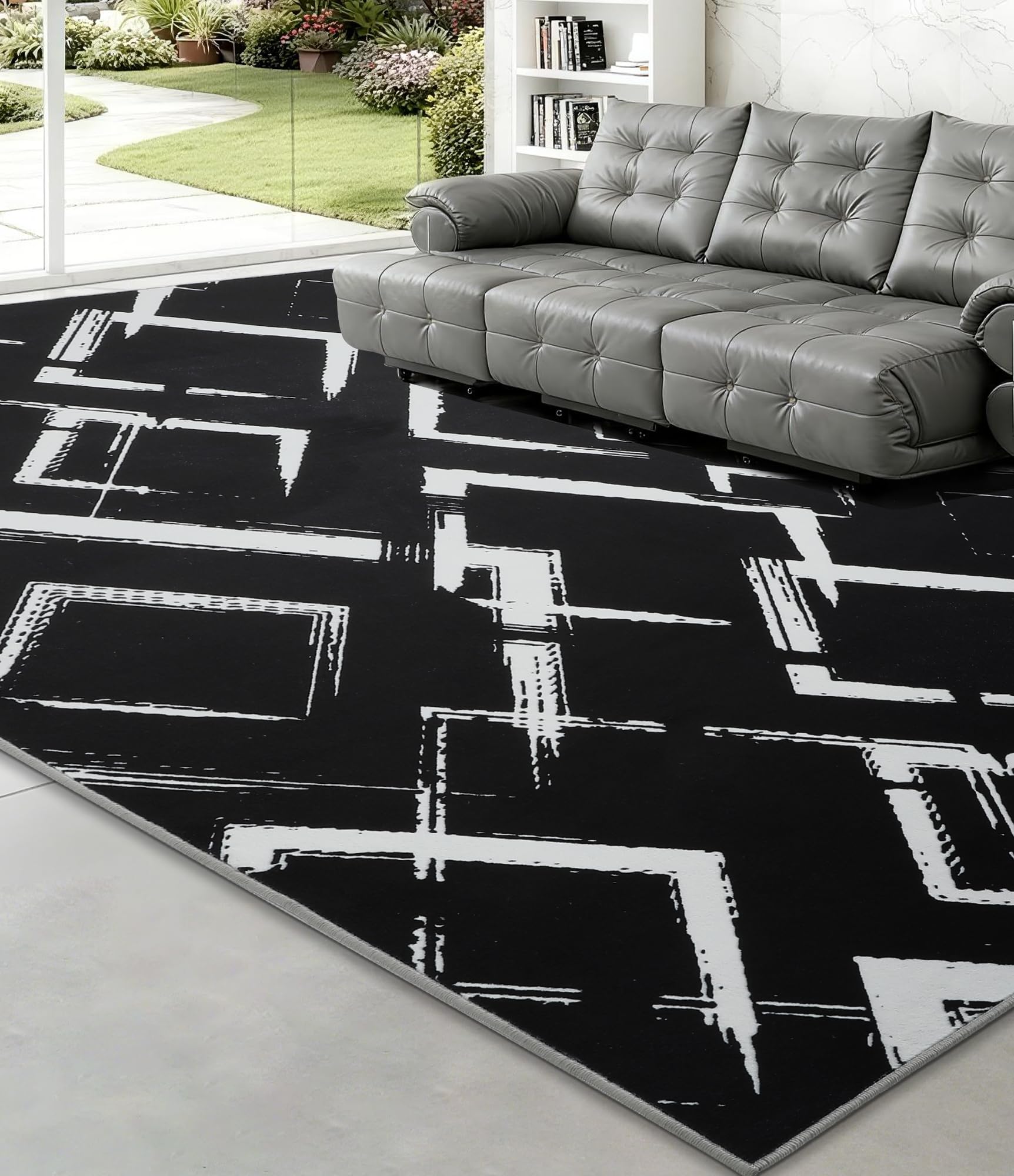 Photo 1 of YIHOUSE Black Modern Geometric Area Rug 8x10, Black and White Rug with Abstract Diamond Patterns,Non-Shedding Washable Rugs for Bedroom, Home Office and Living Room