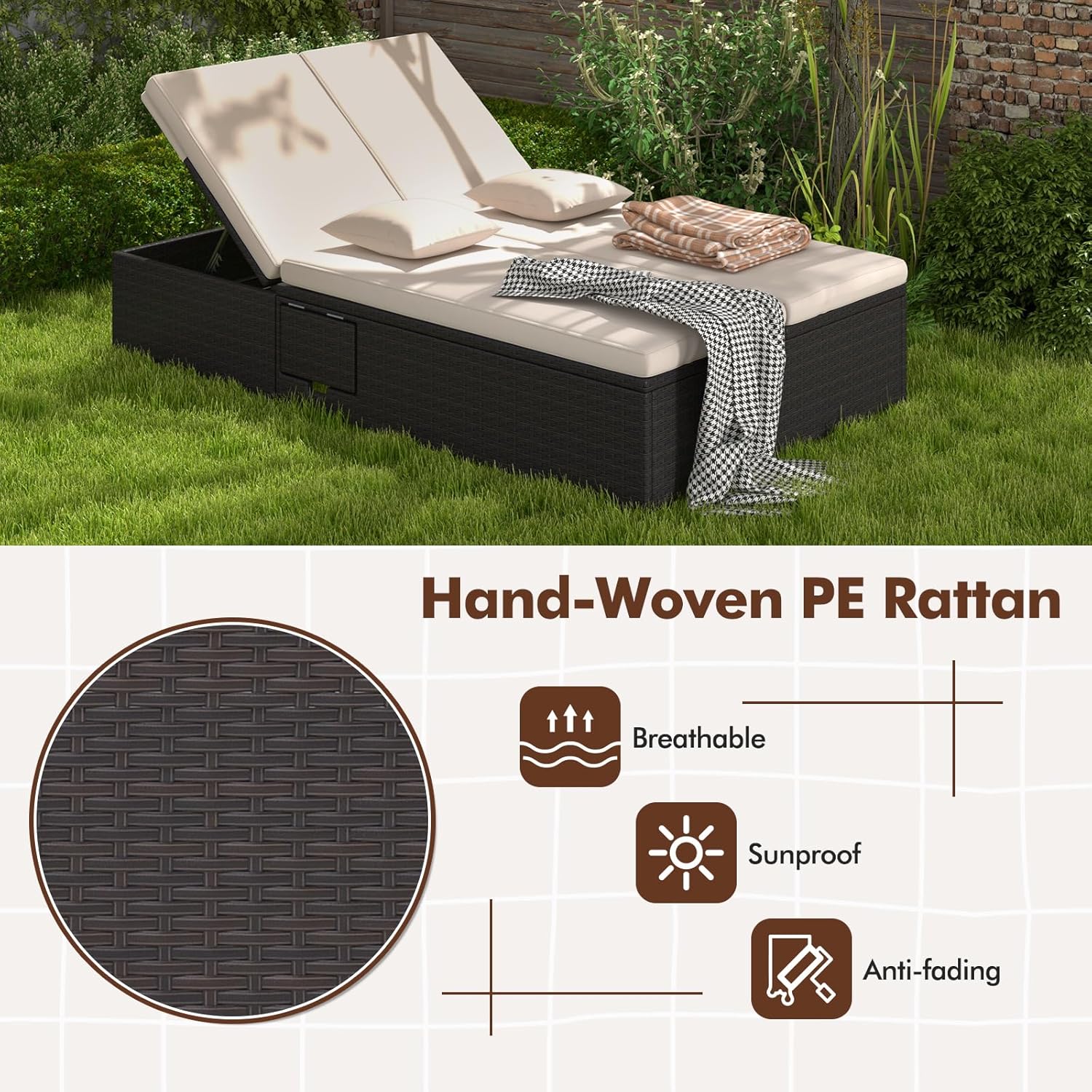 HAPPYGRILL Outdoor Patio Lounge Daybed PE Wicker Double Chaise Lounge with 6-Position Backrests, Pillows & Cushions, 2-Person Reclining Sunbed with Foldable Cup Trays