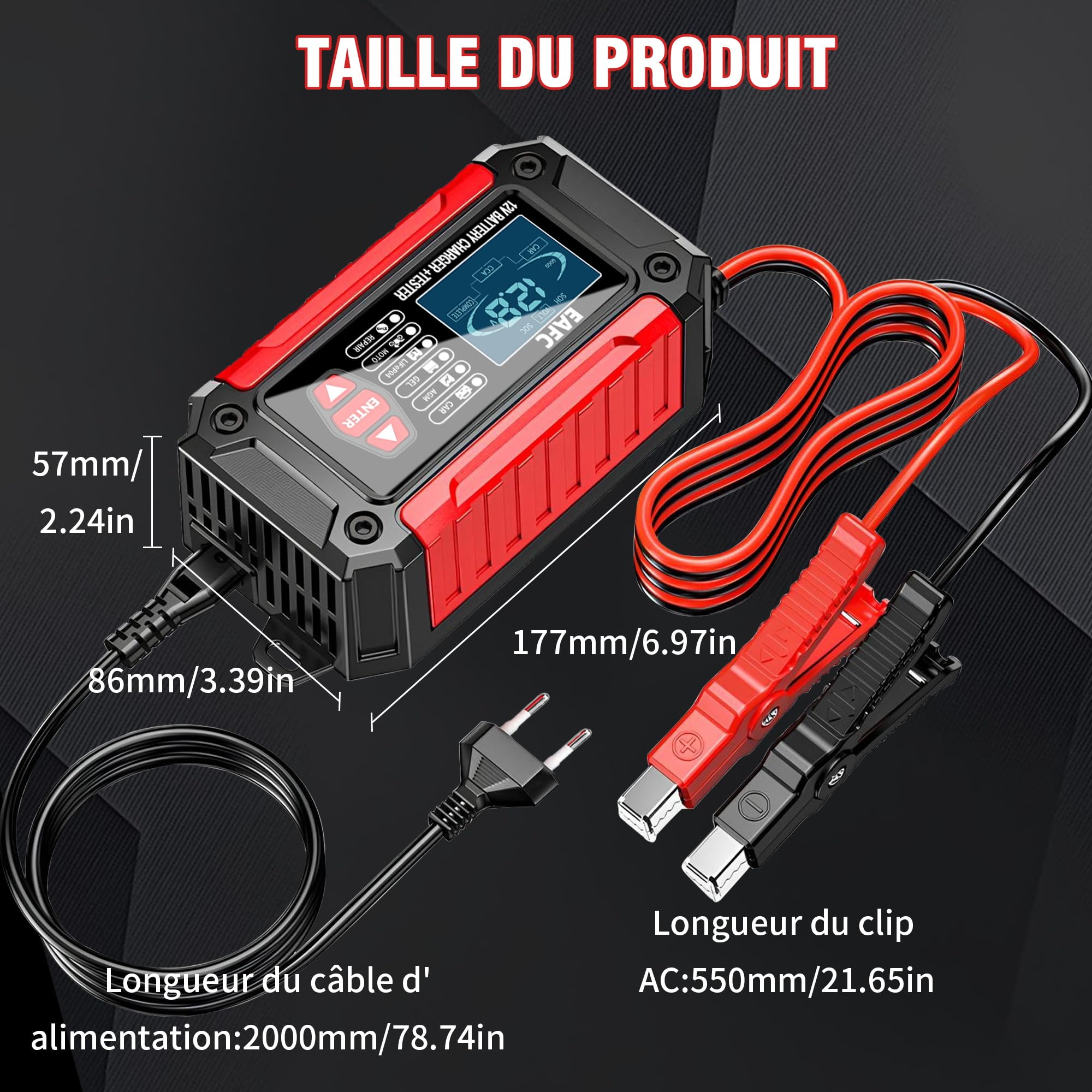 Testeur de Batterie de Voiture et Chargeur de Voiture Tout-en-Un EAFC12V6A Testeur de Batterie Chargeur pour Moto, Camion, AGM LiFePO4 Outil de Diagnostic de Batterie
