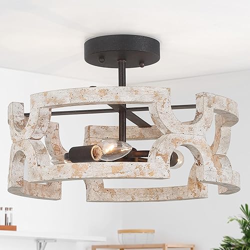 Lámpara de techo semiempotrada de madera estilo granja, color blanco envejecido, tambor vintage cerca del techo para dormitorio, pasillo, cocina,